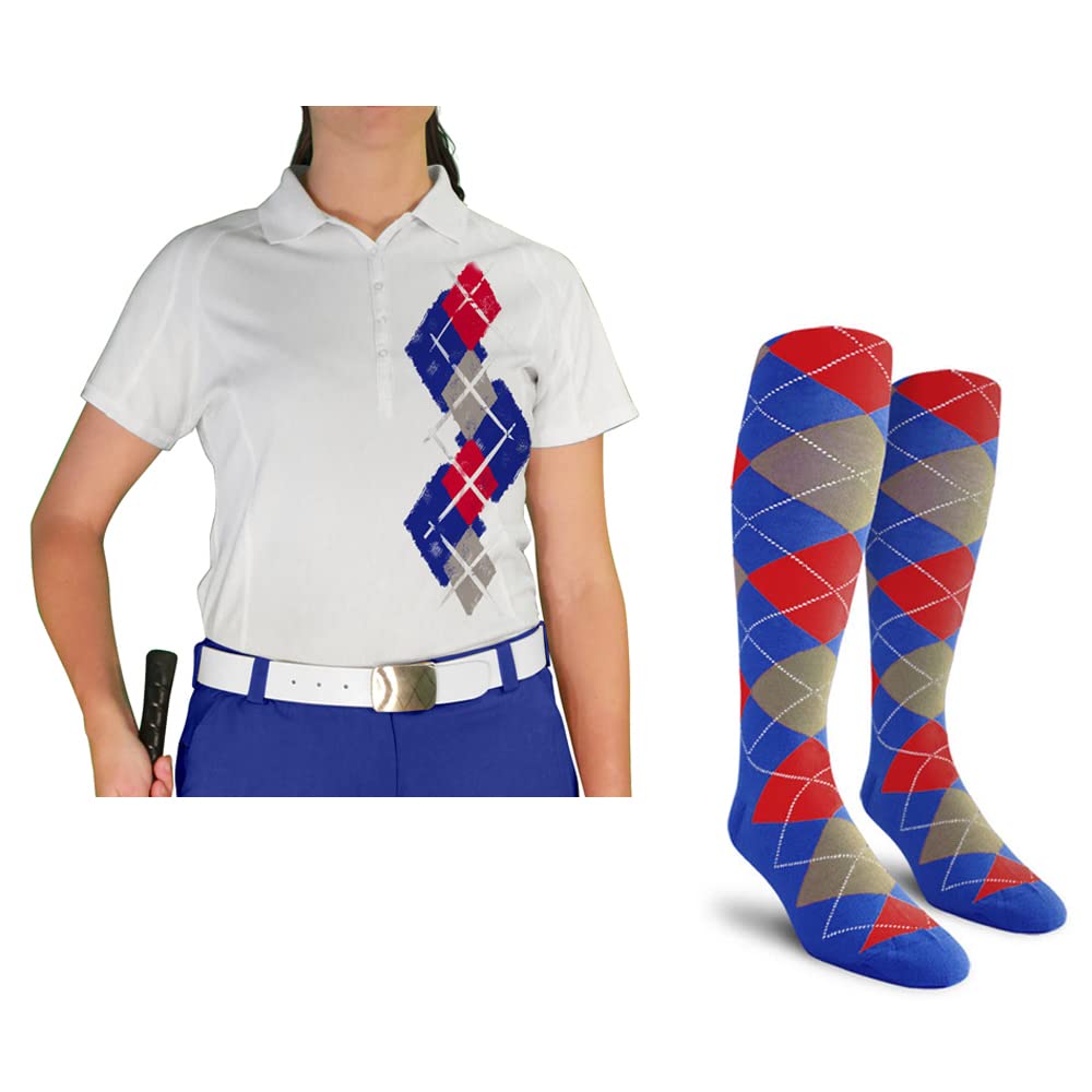 Dry Fit Short Sleeve Graphic Golf Polo Shirt with Socks for Women - Argyle Paradise (4A-4Z) | Moisture-Wicking Performance Top & Comfy Socks Set | Perfect for Golf, Tennis & Casual Summer Outfits