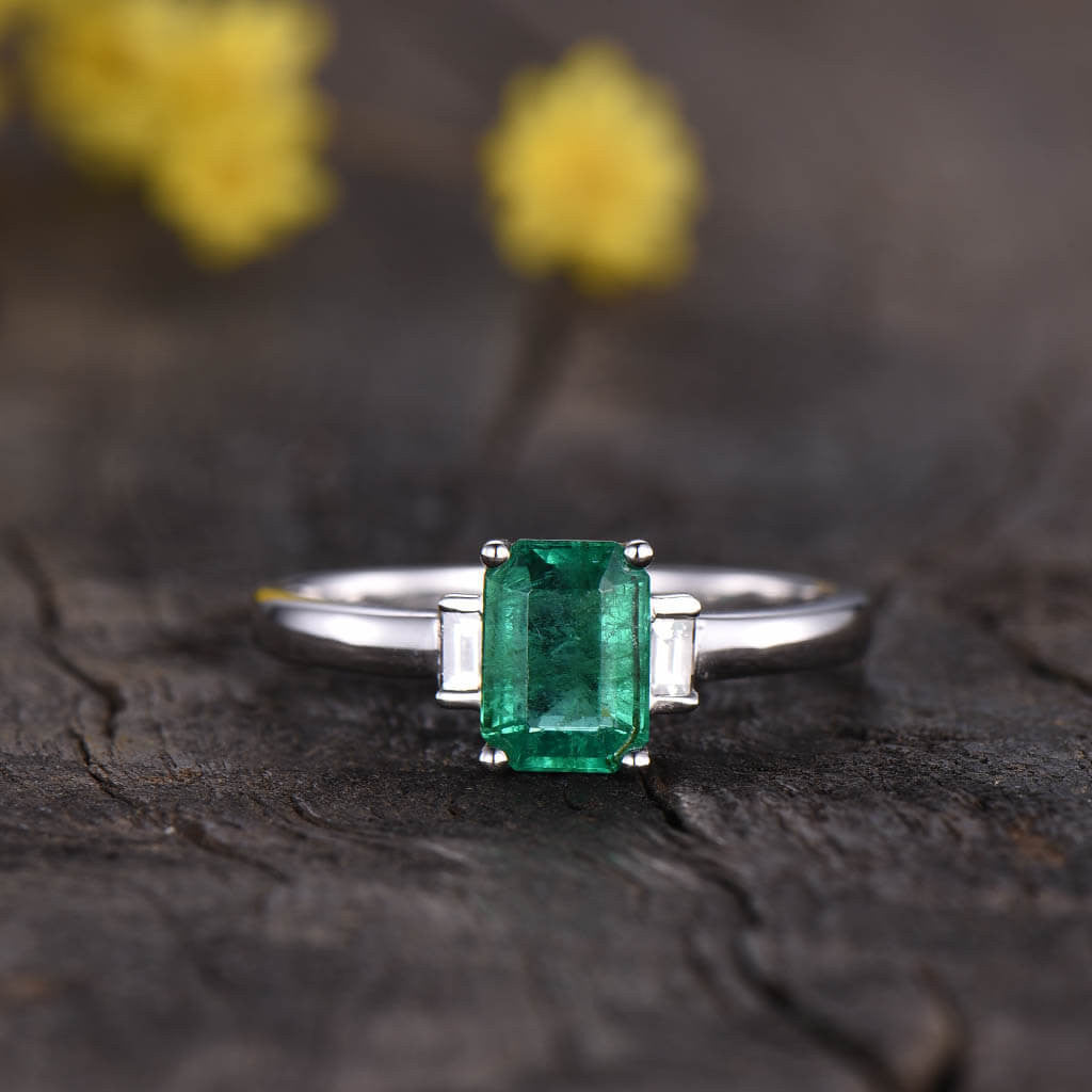 Vintage Natural Emerald Cut Emerald & Baguette Diamond Three Stone Engagement Ring - Perfect for Proposal, Anniversary & Wedding Jewelry Gift