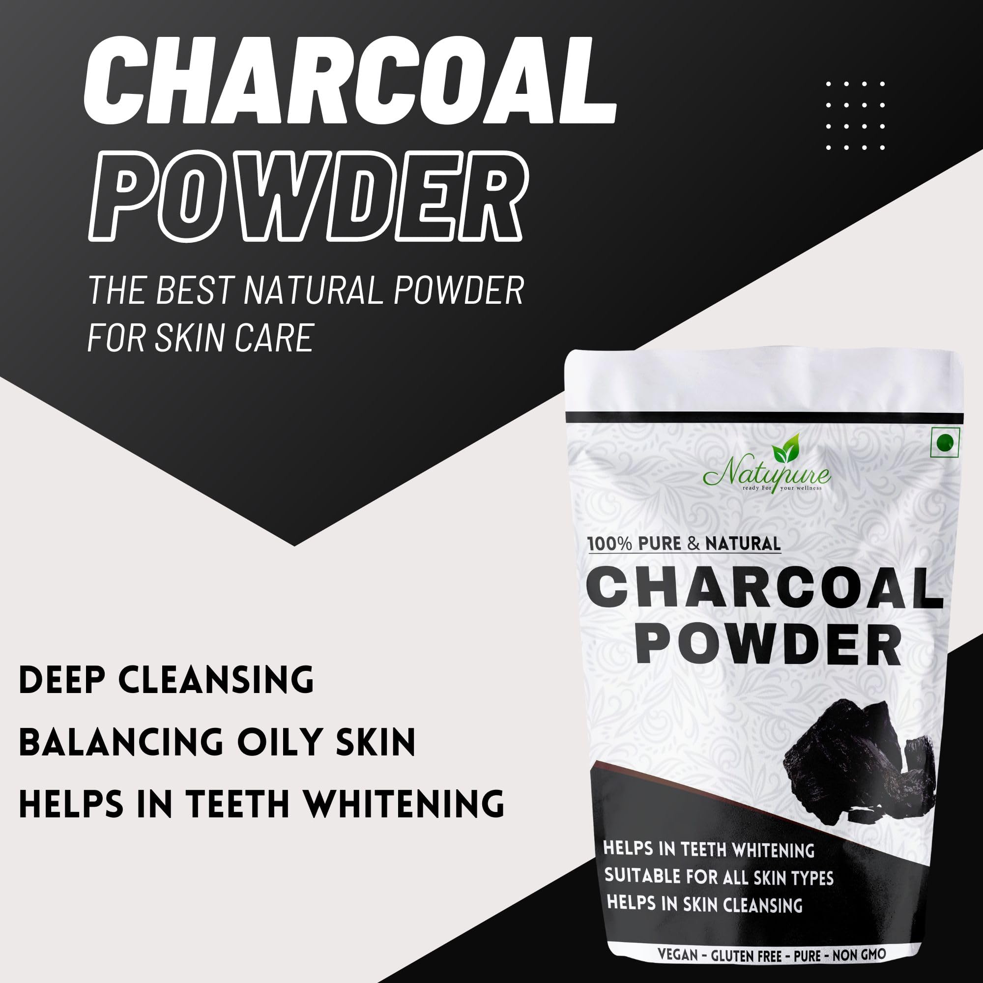 Natupure Activated Charcoal Powder 250g - Deep Cleansing Face & Body Scrub for Dead Skin Removal, Blackhead Treatment & Skin Detoxification - Perfect for Acne-Prone Skin & Spa Day Self-Care Routine