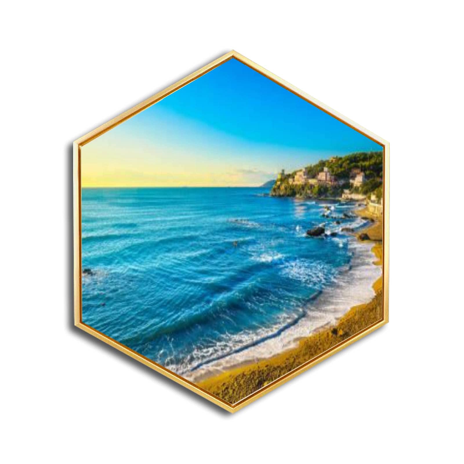 Golden Framed Giclee Print - Castiglioncello Bay Beach Sunset Wall Art, Tuscany Italy Landscape, Minimalist Modern Hexagon Canvas for Home & Office Decor - Perfect for Living Room, Bedroom or Workspace