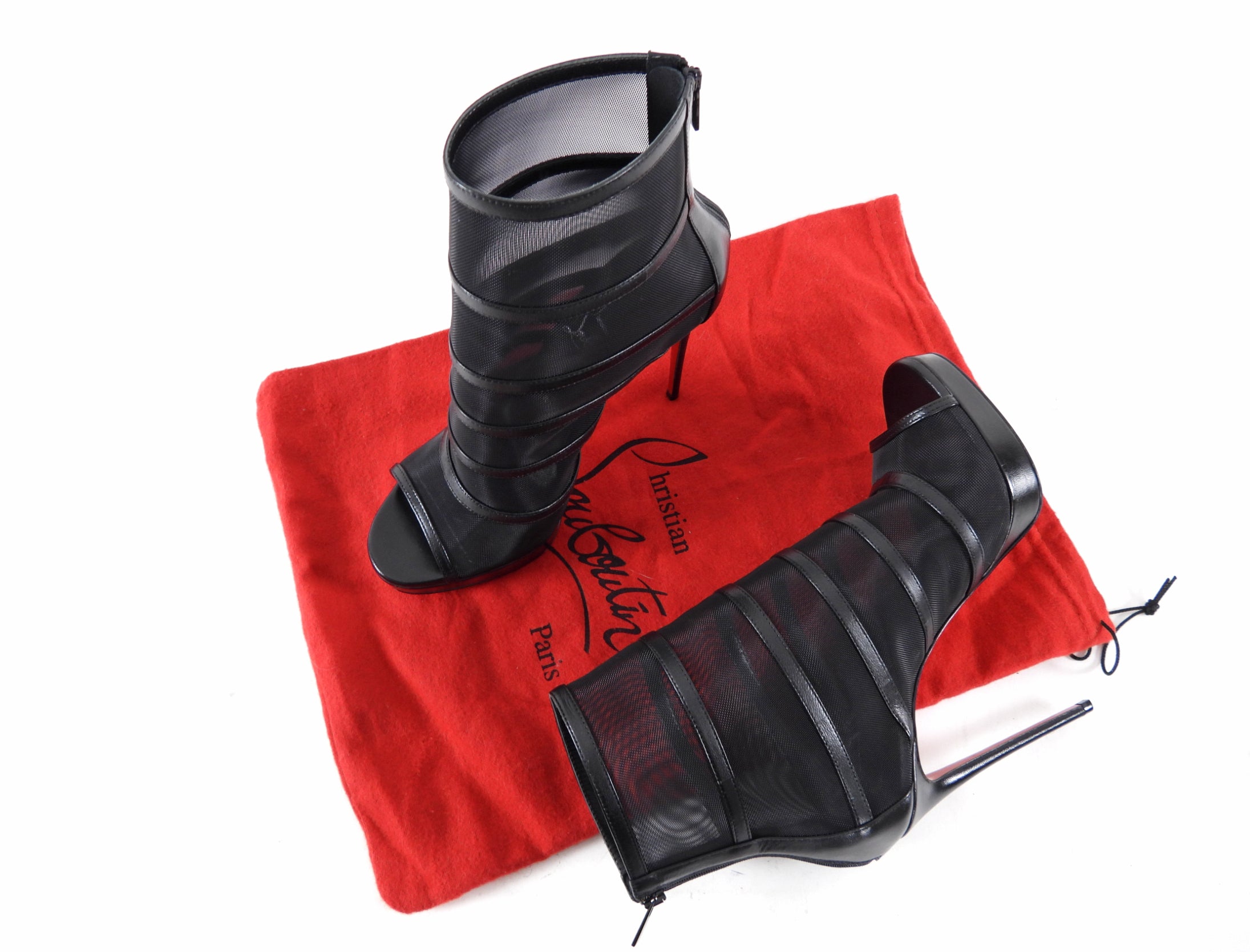 Christian Louboutin Black Leather & Mesh Doux Voile 120 Booties - Women's High Heel Ankle Boots Size 38 | Perfect for Evening Parties & Date Nights