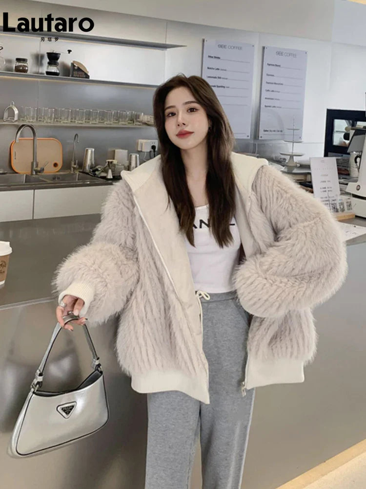 2022 Korean Fashion Women's Faux Fur Coat - Soft Warm Shaggy Hooded Long Sleeve Zip Up Jacket for Autumn Winter Casual Wear | Perfect for Outdoor Activities, Street Style & Cold Weather Fashion