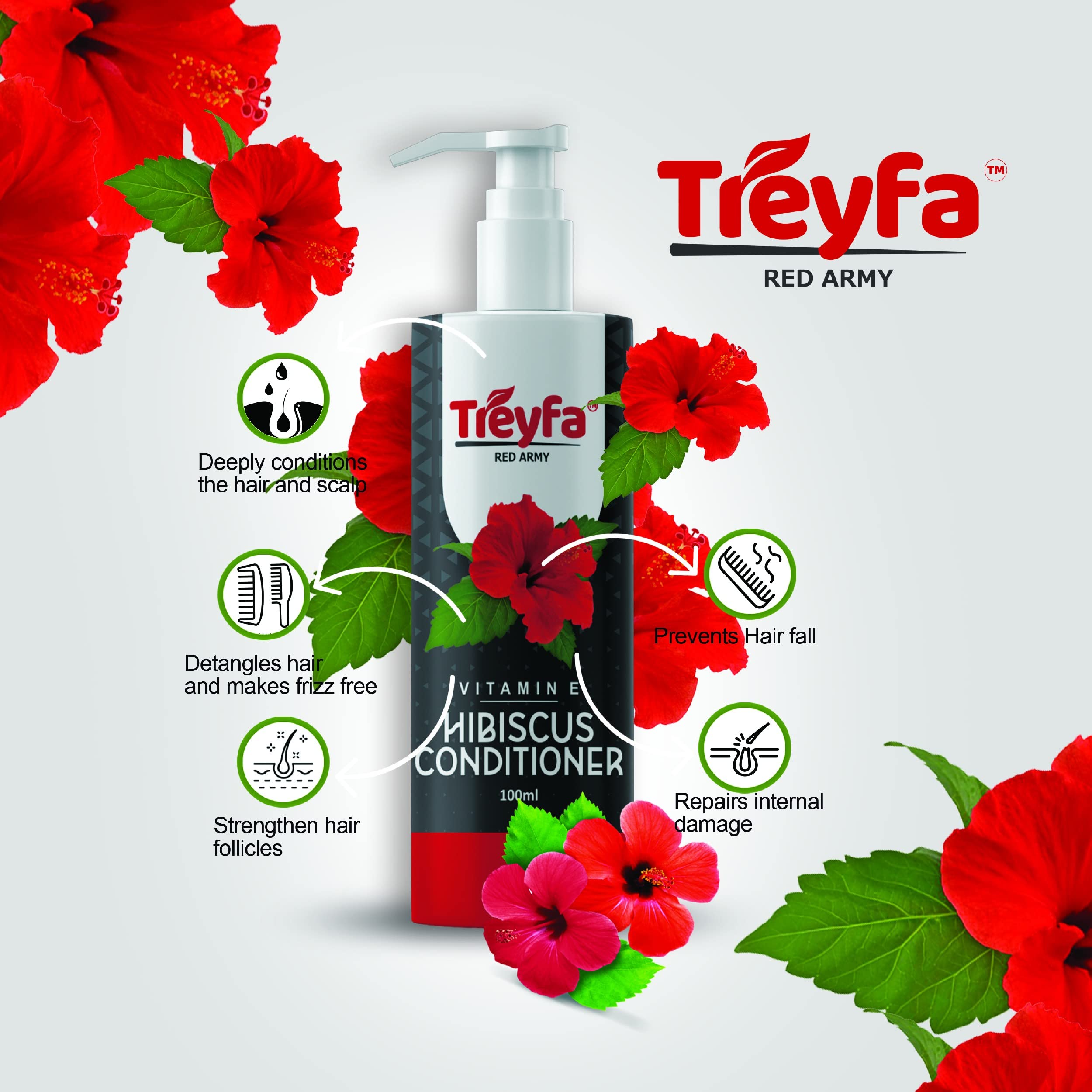 Treyfa Hibiscus Hair Growth Conditioner for Women & Men - Sulfate, Paraben & Silicone Free with Hibiscus, Amla, Onion & Vitamin E - 100ML | Promotes Hair Growth, Reduces Hair Fall & Deeply Nourishes - Perfect for Daily Use & Damaged Hair Care