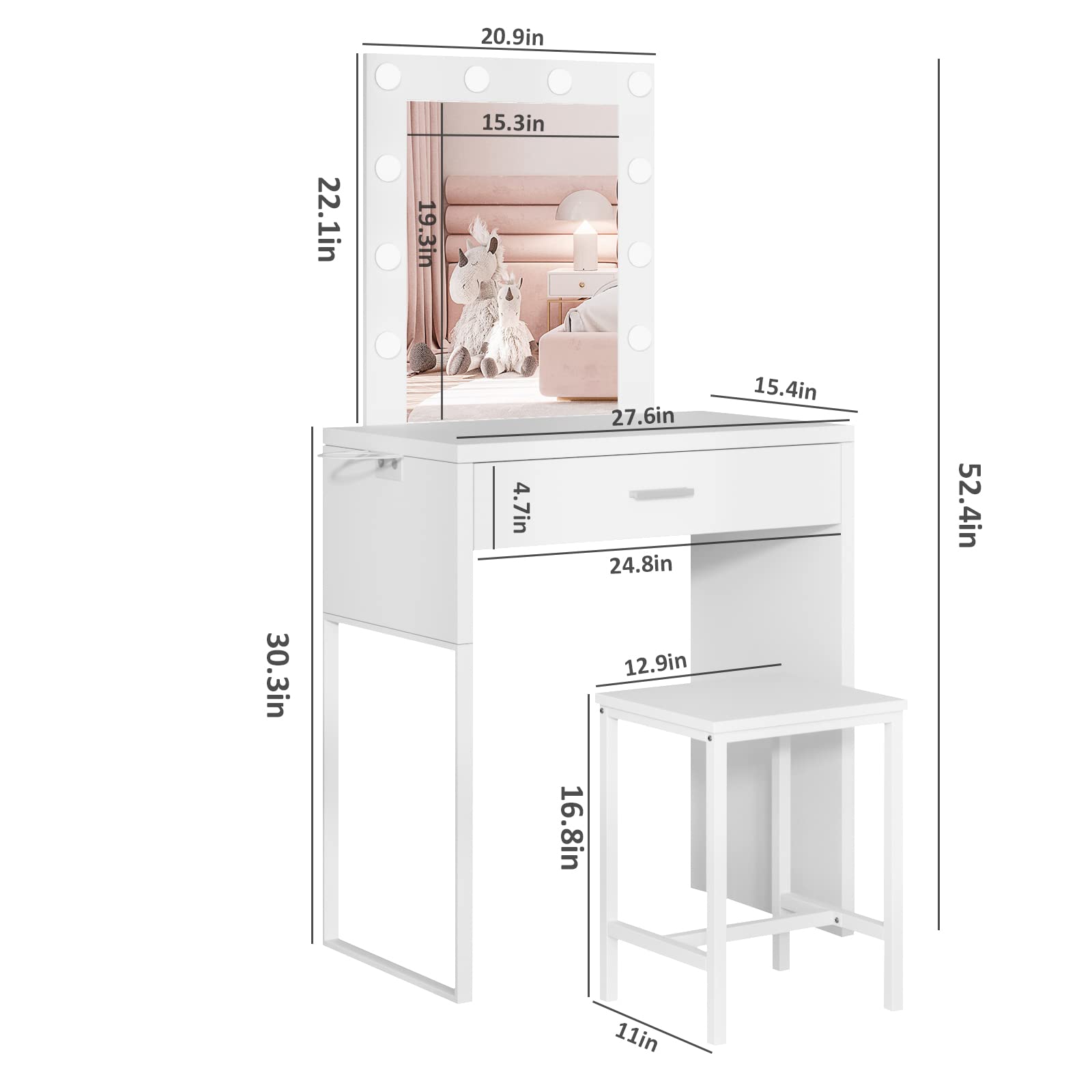 White Makeup Vanity Desk with LED Lights & Mirror - Adjustable Brightness Vanity Table & Chair Set for Girls' Bedroom | Perfect for Beauty Routine, Dressing Area & Small Space Decor