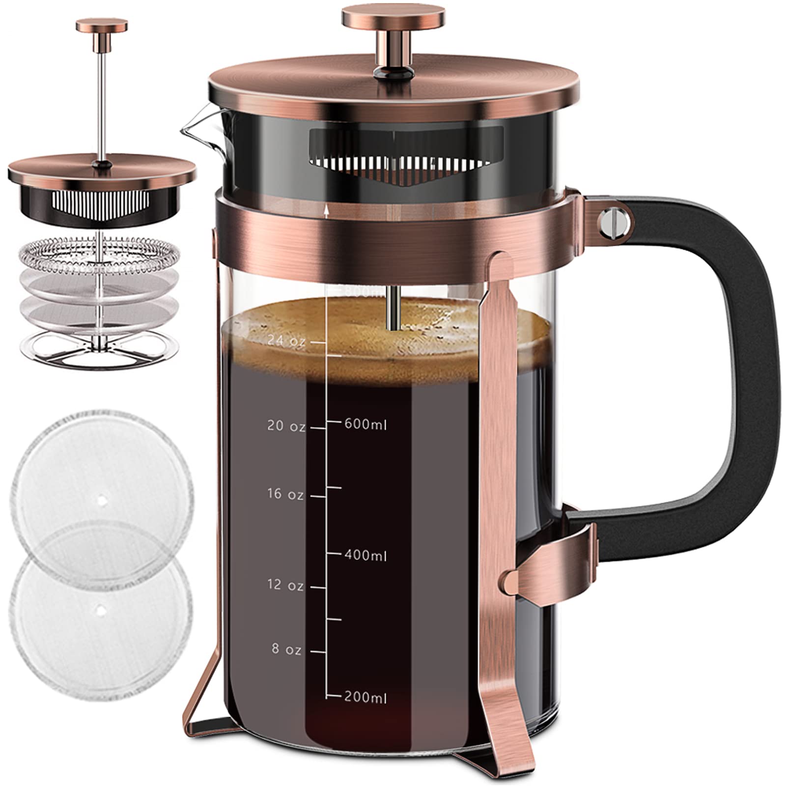 QUQIYSO 34oz French Press Coffee Maker - 304 Stainless Steel with 4 Filters, Heat Resistant & Durable, Easy to Clean, Borosilicate Glass, BPA Free - Perfect for Home, Office, Camping & Gifts (Copper)
