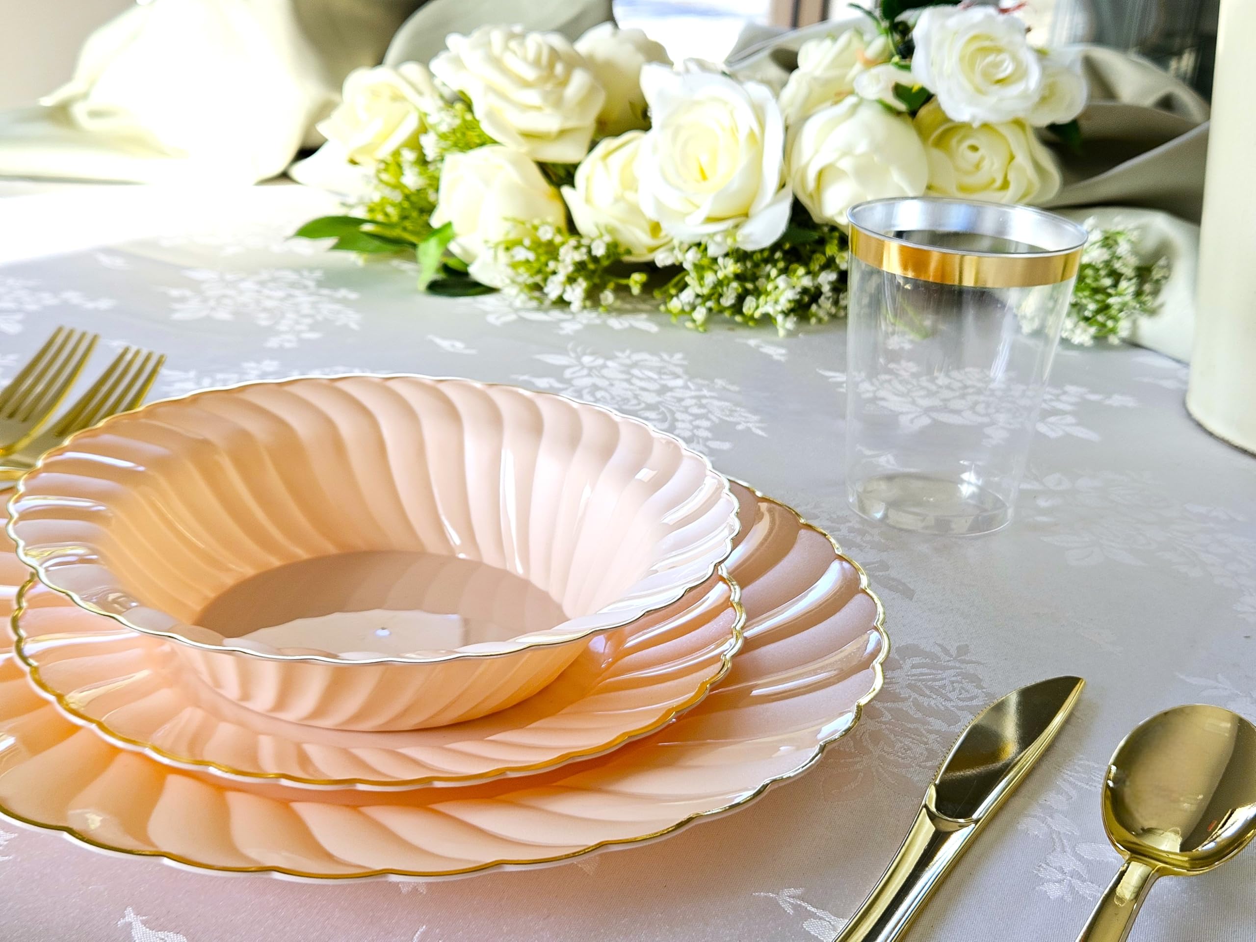 240 Heavyweight Disposable Plastic Plates for Weddings & Parties - 10.25'' Elegant Blush & Gold Dinner Plates (Ideal for Bridal Showers, Baby Showers & Formal Events)