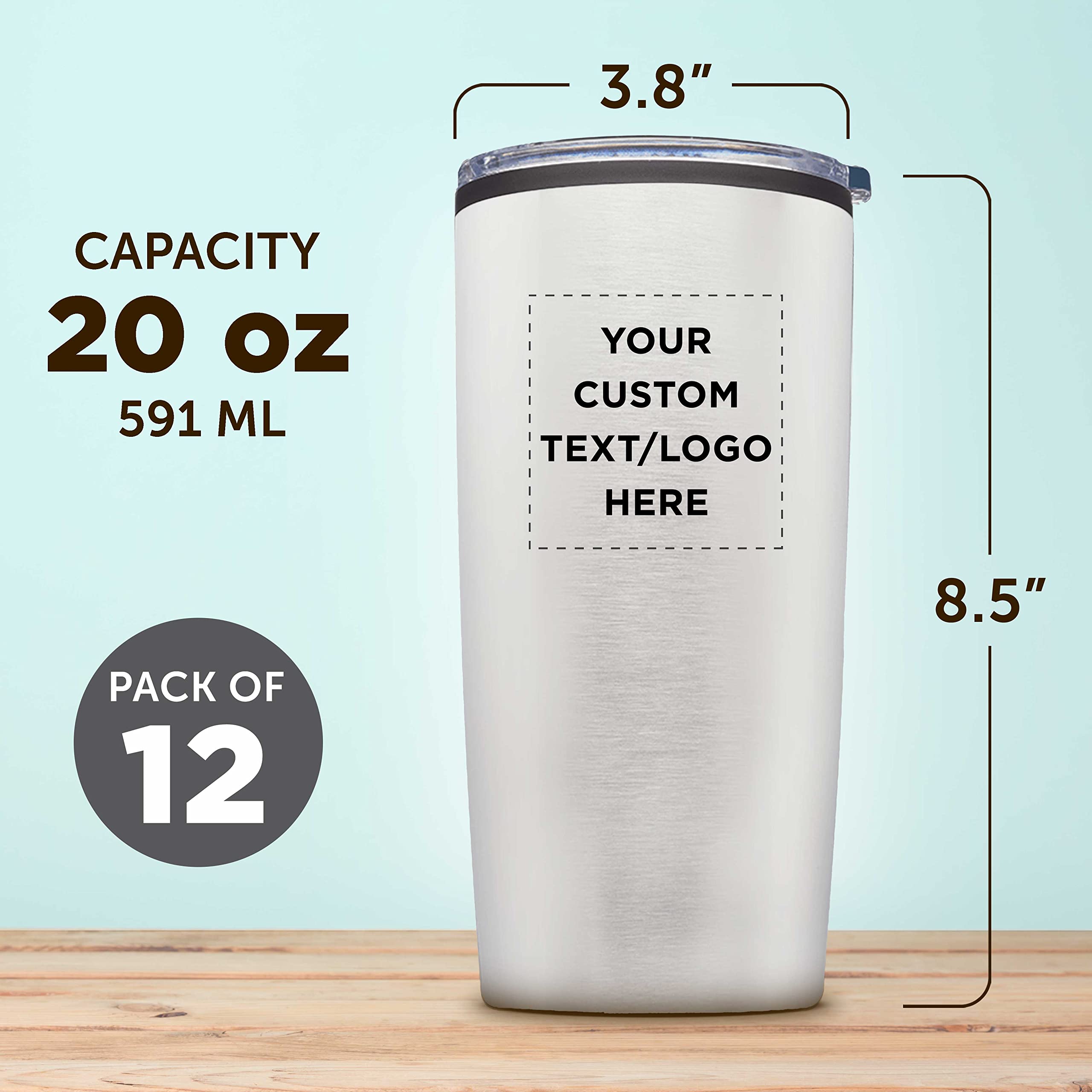 12-Pack Custom 20oz Insulated Plastic Tumblers with Lids - Personalized Bulk Coffee Cups, Iced Beverage Tumblers for Travel, Office & Outdoor Use - Silver