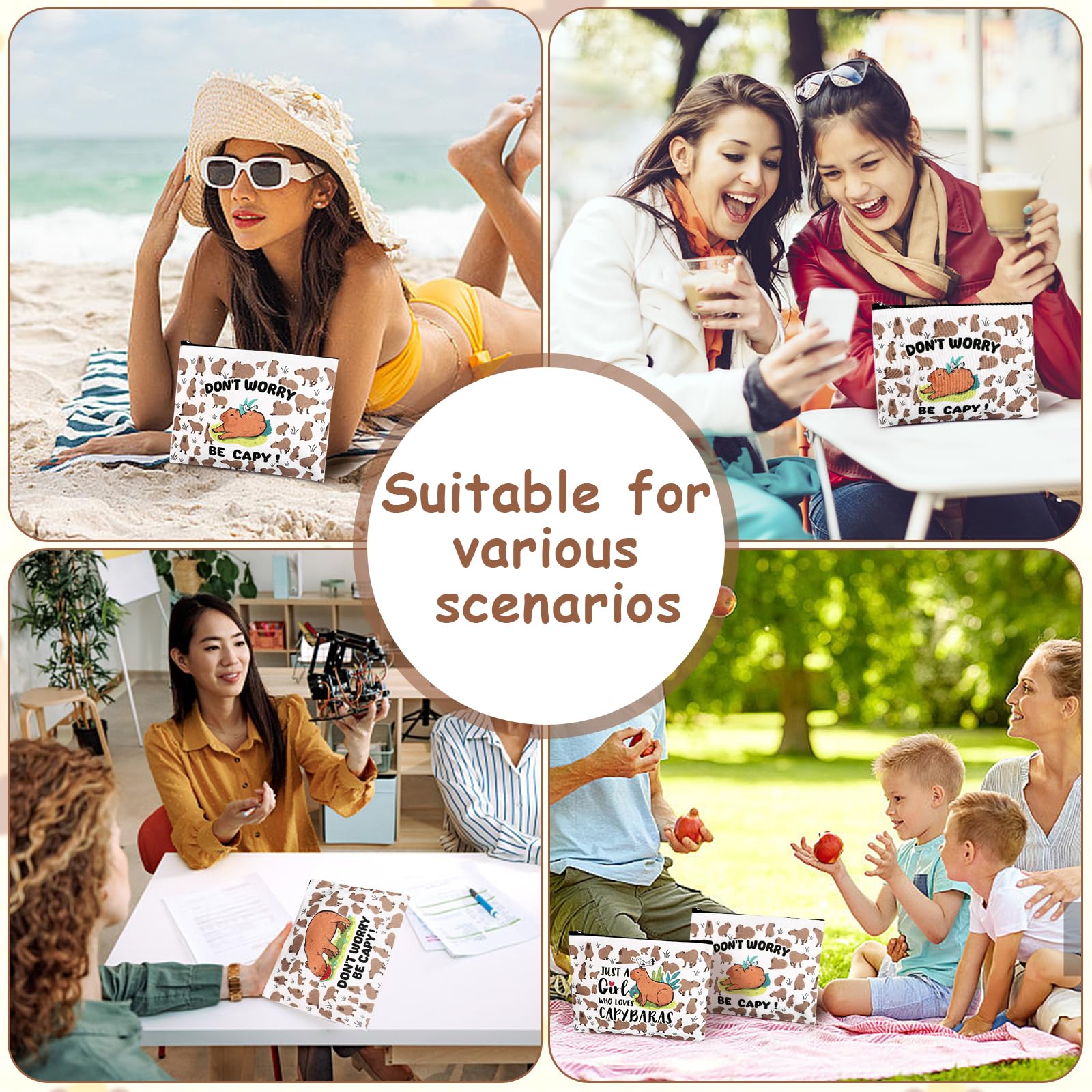 4PCS Kawaii Capybara Makeup Bags - Waterproof Canvas Cosmetic Organizer with Zipper for Travel, Toiletries & Jewelry Storage - Perfect Gift for Women, Girls (Birthday, Graduation, Friendship) - Cute Capybara Lover Accessories for Daily Use & Gifting