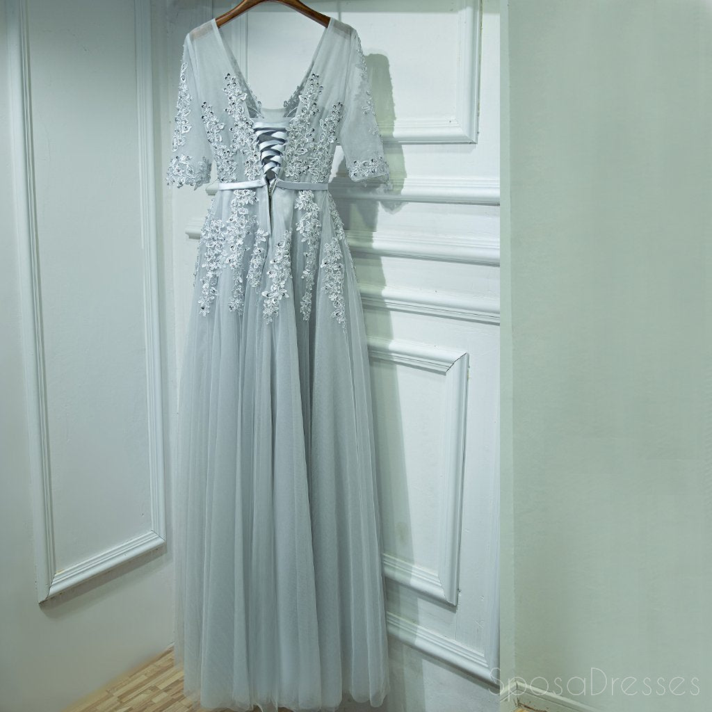 Elegant Long Sleeve V-Neck Gray Lace Tulle A-Line Prom Dress - Formal Evening Gown for Homecoming, Wedding Guest & Special Occasions
