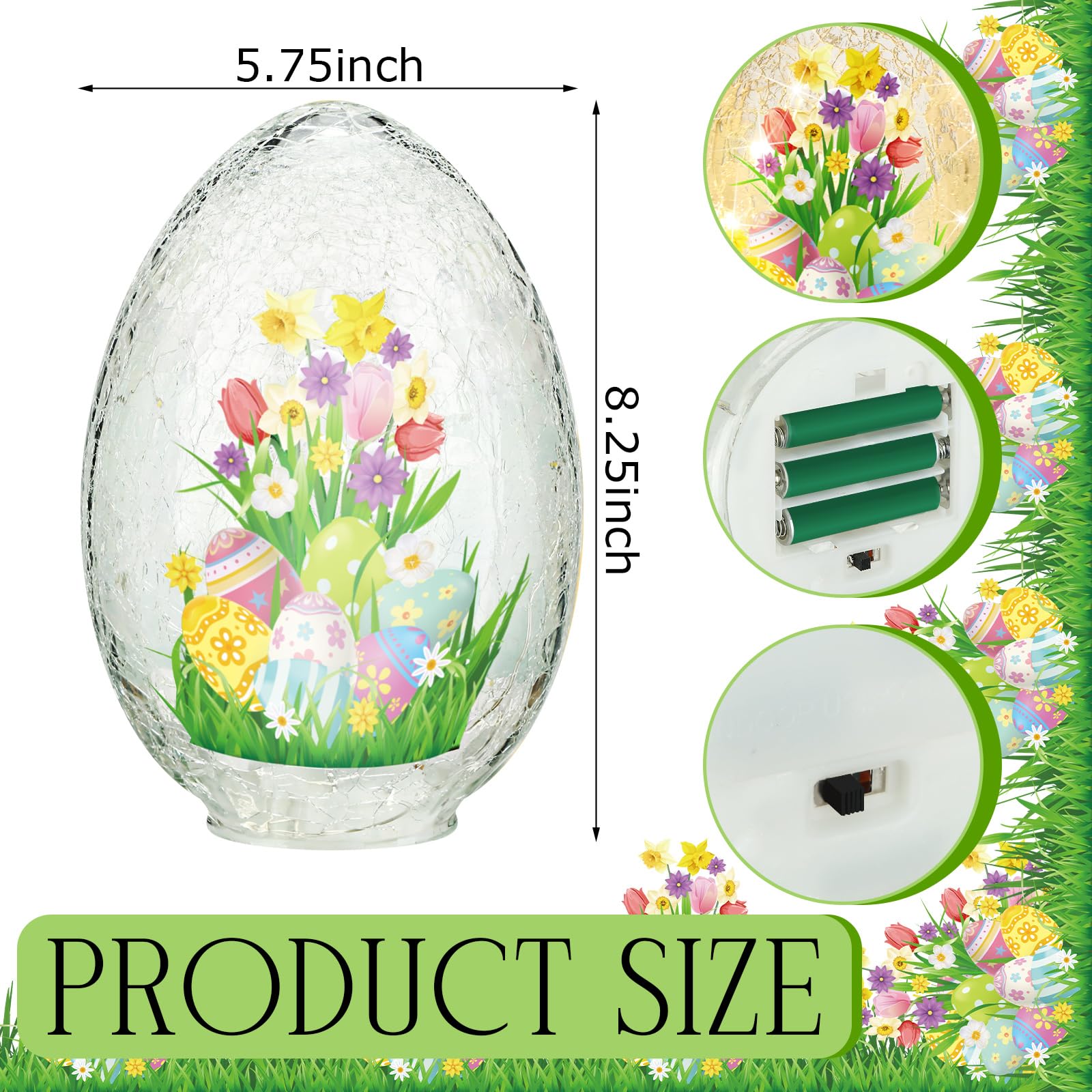 5.75 x 5.25 x 8.25 Inch Crackle Glass Easter Egg Light - Battery Operated Glowing Orb Decor for Home, Party, and Holiday Decorations - Perfect for Easter, Christmas, and Festive Tabletop Display