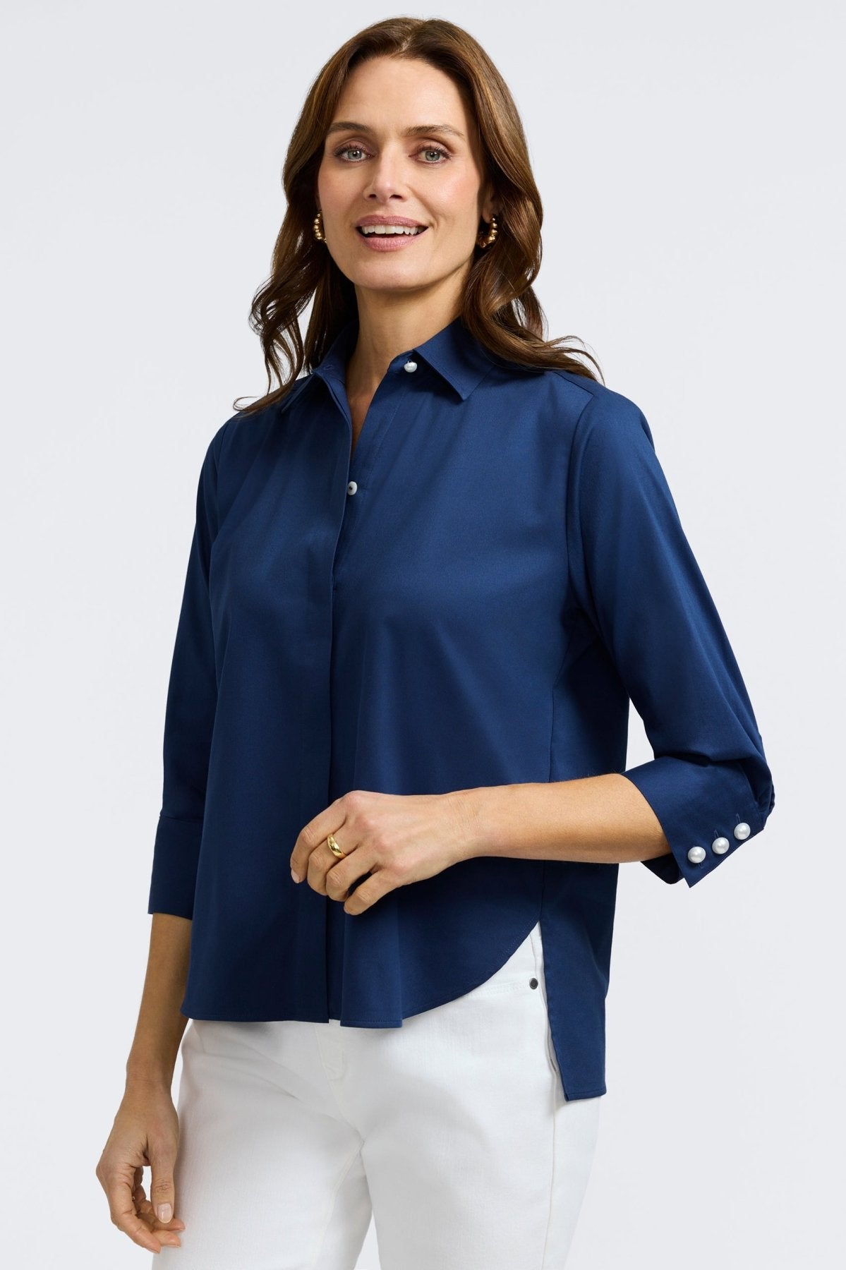 Pearl No Iron Stretch Matte Sateen 3/4 Sleeve Shirt for Women - Wrinkle-Free Comfort Blouse for Office & Business Casual Wear
