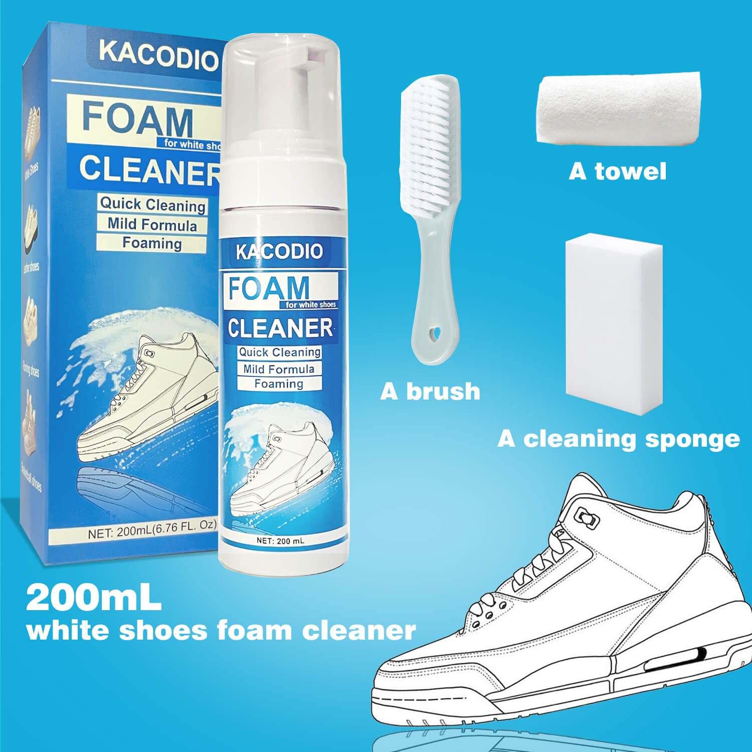 Premium Shoe Cleaner Kit - 6.76 Oz White Sneaker Cleaning Set with Brush, Towel & Sponge | Effective for Tennis, Canvas, Leather & PU Shoes | Perfect for Sneakerheads, Athletes & Daily Shoe Care