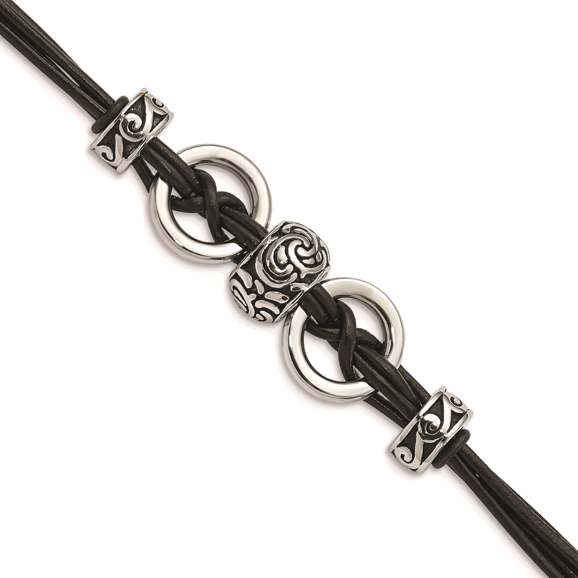 Bonyak Stainless Steel & Black Leather Bracelet with Antiqued Beads - 8.25 Inch Adjustable Length - Durable Jewelry for Men & Women - Perfect for Casual Wear, Gifts & Everyday Fashion