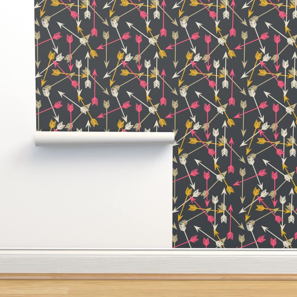 Commercial Grade Wallpaper Swatch - Arrows Tribal Scattered Gray Pink Yellow Pattern Arrow Southwest Illustration Traditional Wallpaper by Spoonflower | Perfect for Home Decor, Nursery, Office & Accent Walls