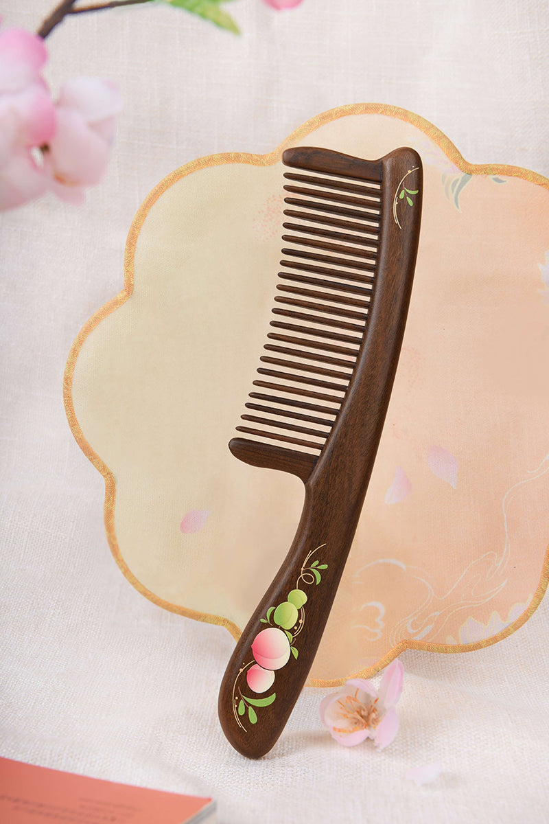 Premium Handheld Wooden Comb with Peach Pattern - Natural Hair Detangler & Styling Tool for Men & Women - Perfect for Home, Travel, and Salon Use