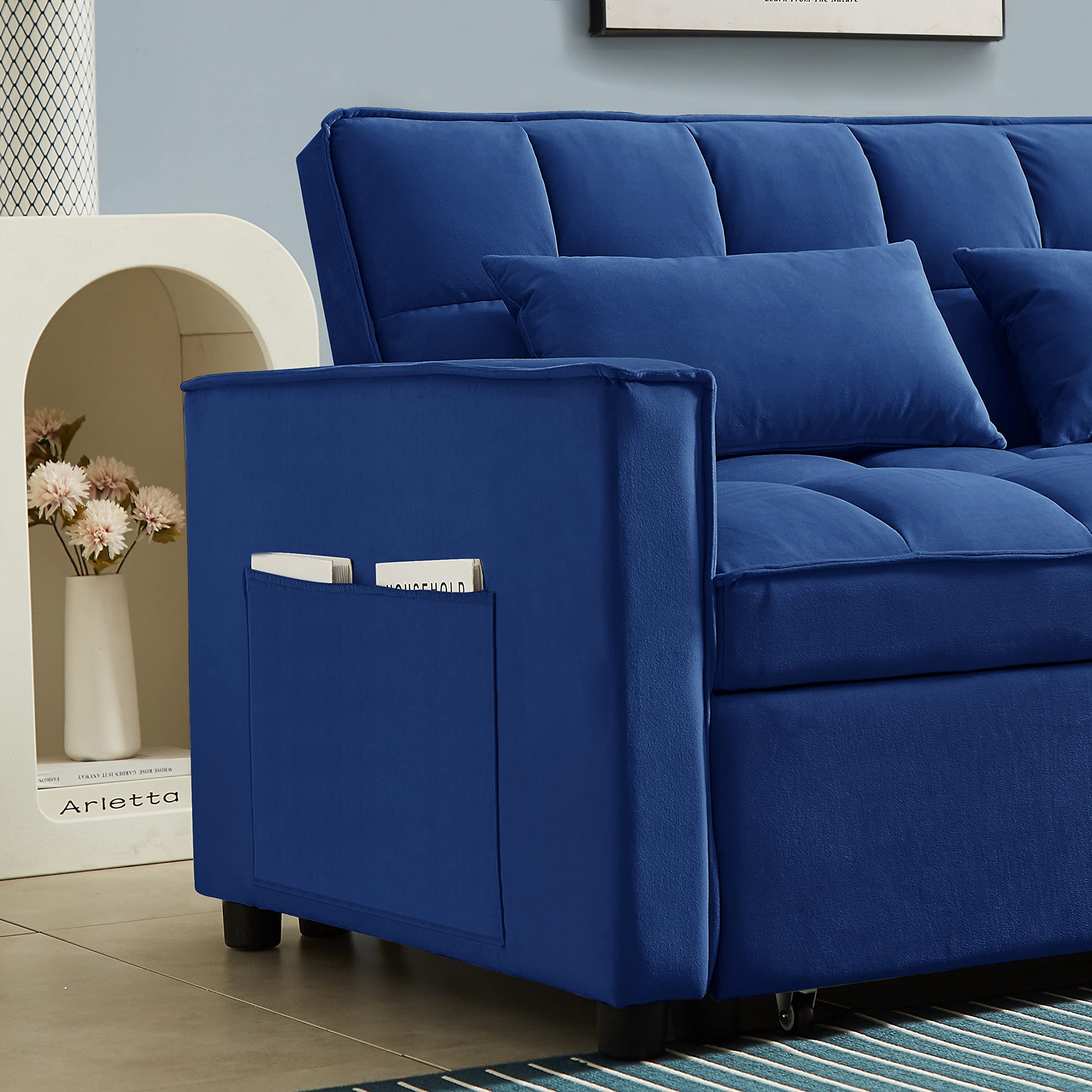 KLMM Modern Convertible Sofa Bed with Adjustable Backrest & 2 Lumbar Pillows - Velvet Loveseat Sleeper Sofa for Small Spaces | Guest Room, Studio Apartment & Office Lounge Furniture