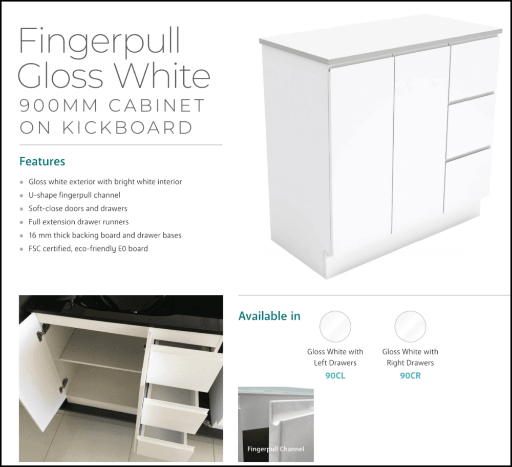 Fienza 900mm TCLB90CR Dolce Matte Black Fingerpull Gloss White Bathroom Vanity with Kickboard - Right Side Drawers for Modern Home Decor | Perfect for Small Bathrooms & Powder Rooms