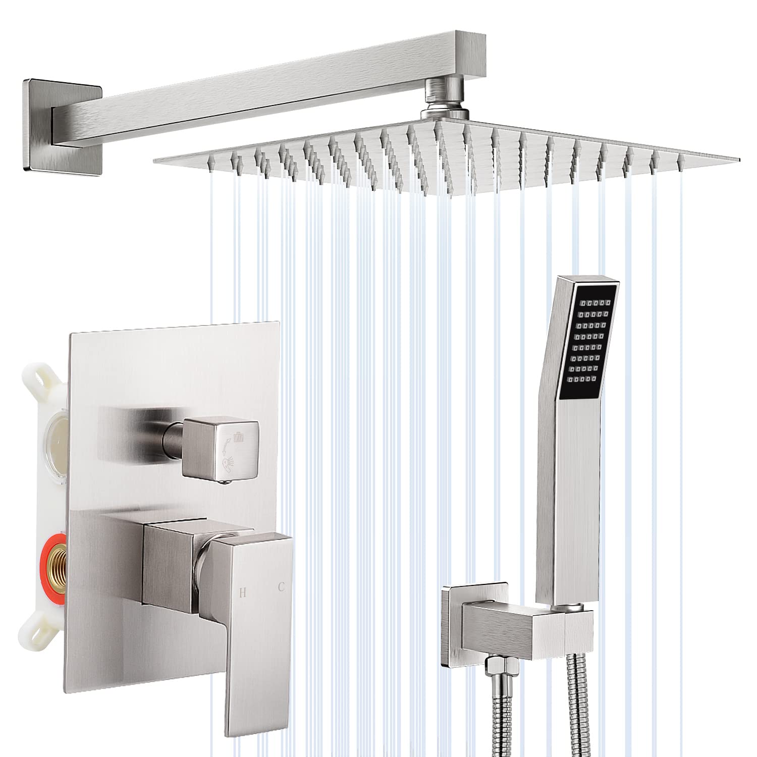 Premium Rainfall Shower System - 12 Inch Rain Shower Head & Handheld Square Shower Combo, Brushed Nickel Wall Mount Faucet with Pressure Balance Valve for Luxurious Spa-Like Bathroom Experience