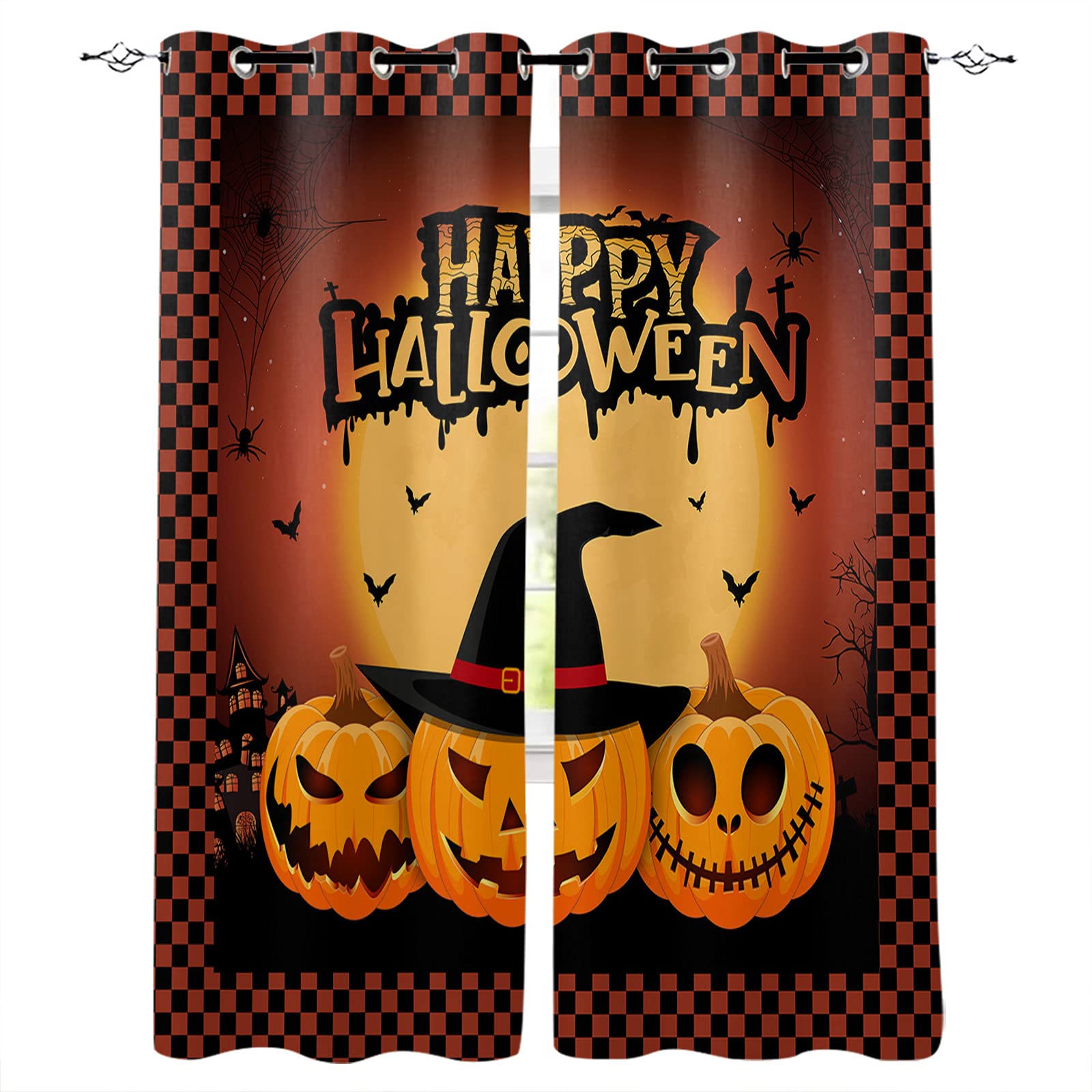 Happy Halloween Blackout Curtains Set of 2 - Thermal Insulated Darkening Window Drapes with Pumpkin Ghost Face Design, Orange Black Plaid Grommet Top Panels (52x54 Inches) for Living Room, Bedroom & Party Decor