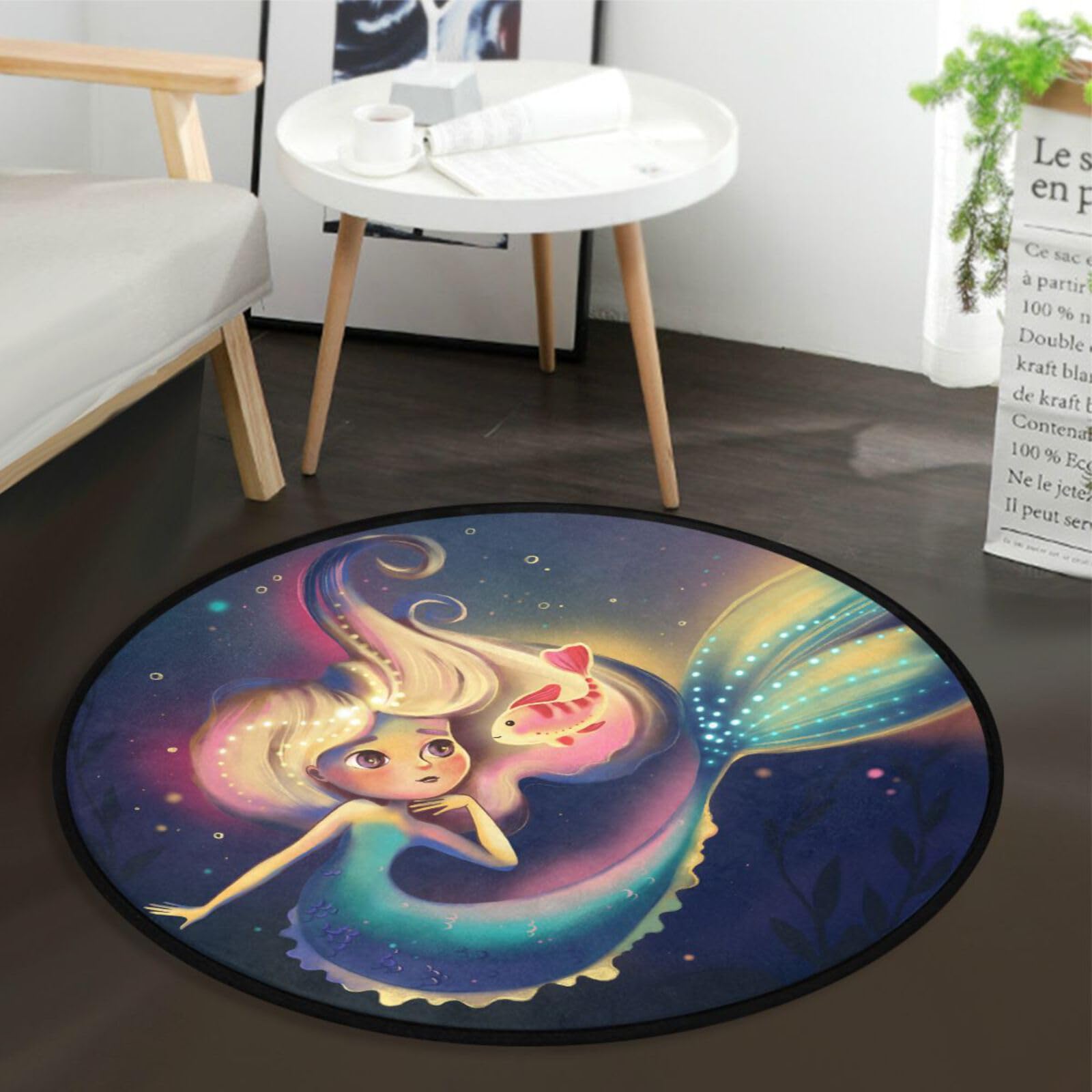 Cute Mermaid Magic Fish Area Rug - 3 ft Round Washable Non-Slip Carpet for Bedroom, Living Room, Bathroom & Kitchen | Ocean Sea World Themed Floor Mat for Kids Room, Dorm Decor & Beach House Style