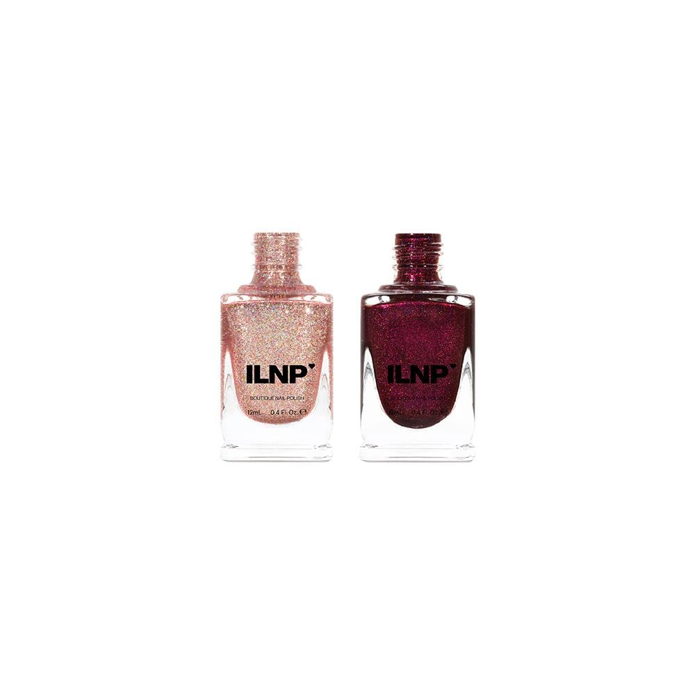 ILNP Metallic Rose Gold & Deep Raspberry Holographic Nail Polish Duo - Long Lasting Holographic Nail Lacquer for Salon Quality Manicures at Home, Perfect for Parties, Weddings & Special Occasions