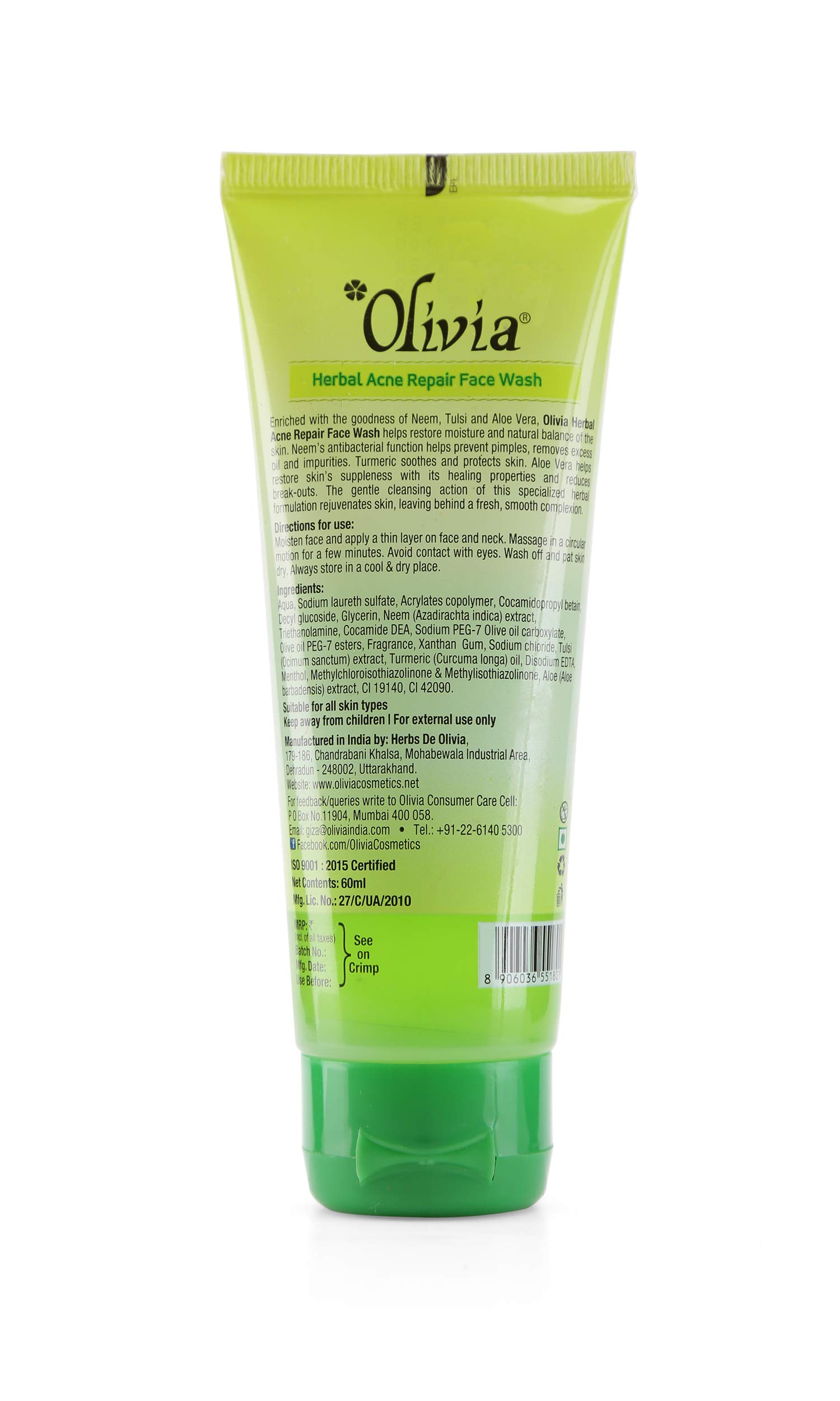 Olivia Herbal Acne Repair Face Wash 60ml - Natural Neem, Tulsi & Aloe Vera Formula for Clear Skin - Gentle Daily Cleanser for Oily & Acne-Prone Skin - Pack of 3 (Perfect for Travel & Gym Bag)