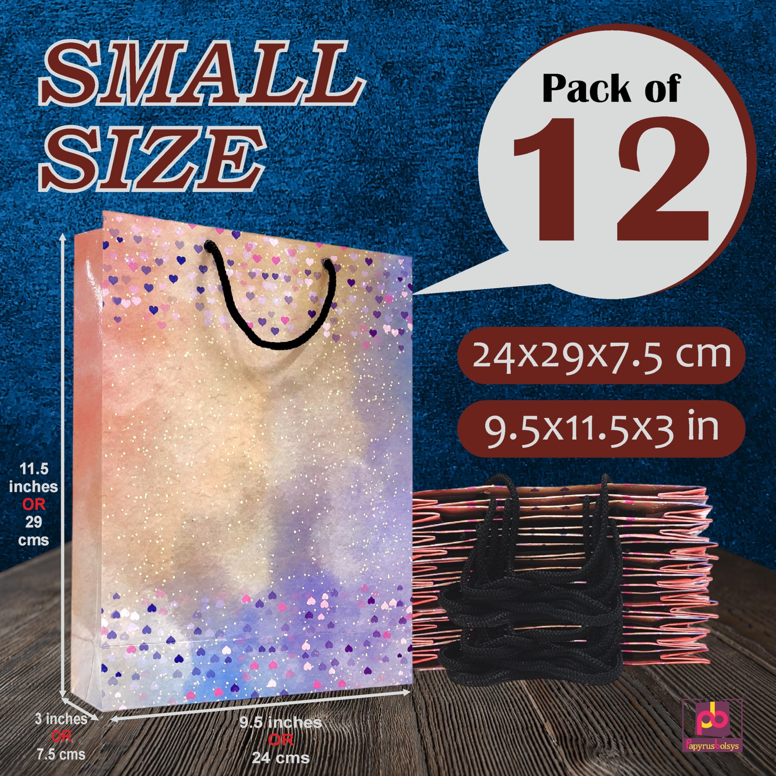 Pb PapyrusBolsys Small Heart-Shaped Paper Bags - 12-Pack Multicolor Gift Bags for Valentine's, Weddings & Party Favors