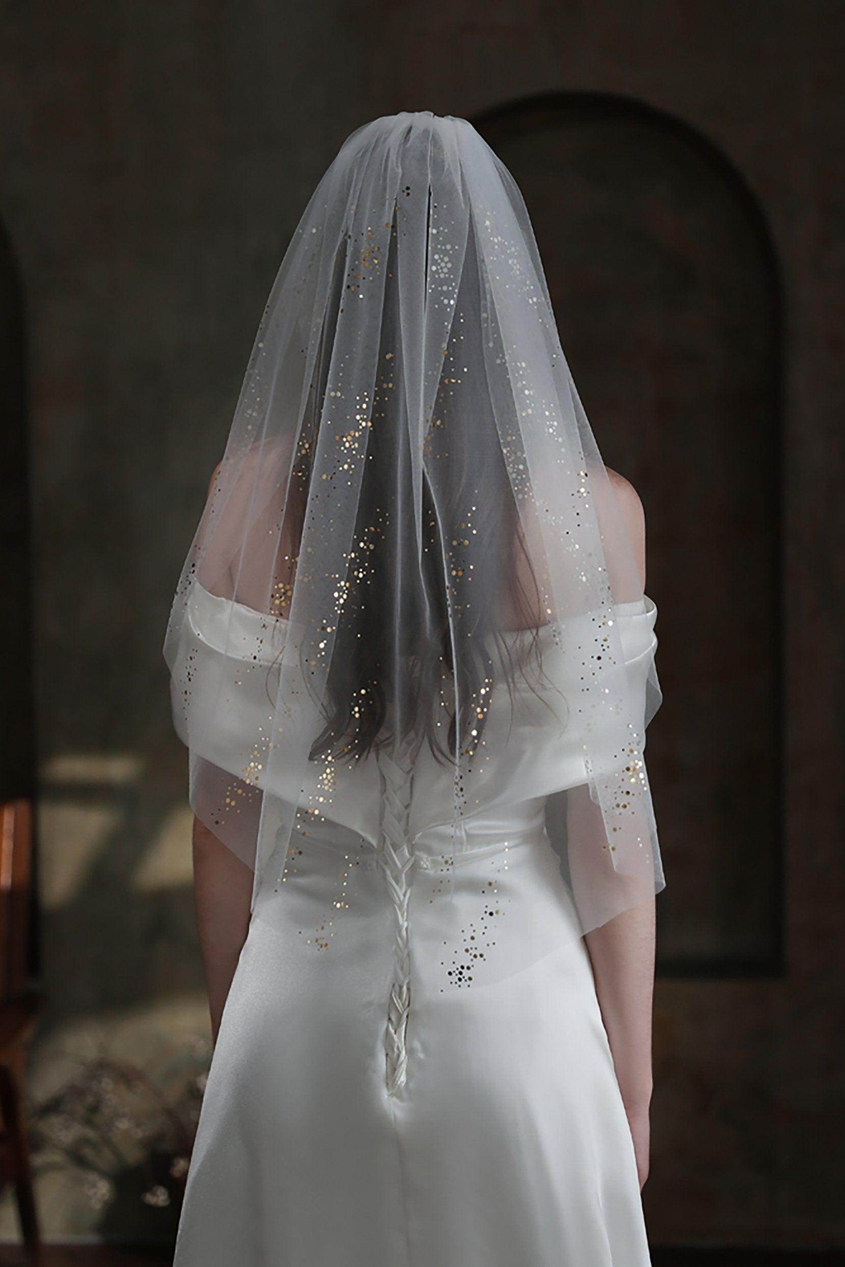 One-Tier Cut Edge Tulle Waist Veil with Sequin Embellishments CV0314 - Perfect for Bridal Accessories, Wedding Ceremonies & Special Occasions