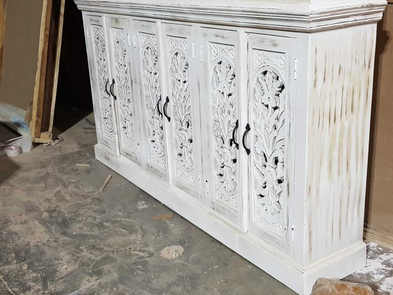 Hand Carved Indian Solid Wood Buffet Cabinet Sideboard Hutch - White | Rustic Dining Room Storage Furniture for Home Decor & Entertaining