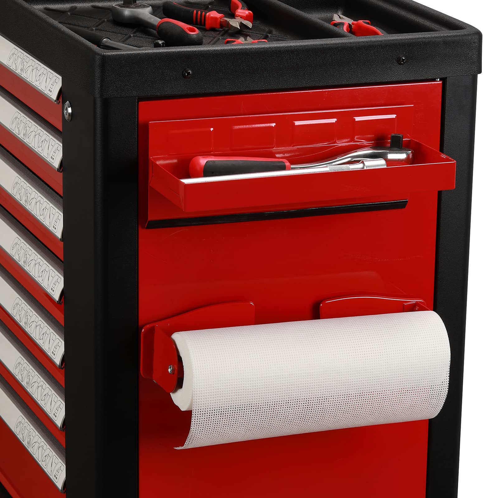 4PCS Magnetic Tool Shelf Set with Tray & Paper Towel Holder - Strong Magnet Organizer for Metal Surfaces - Red - Perfect for Garage, Workshop & DIY Projects