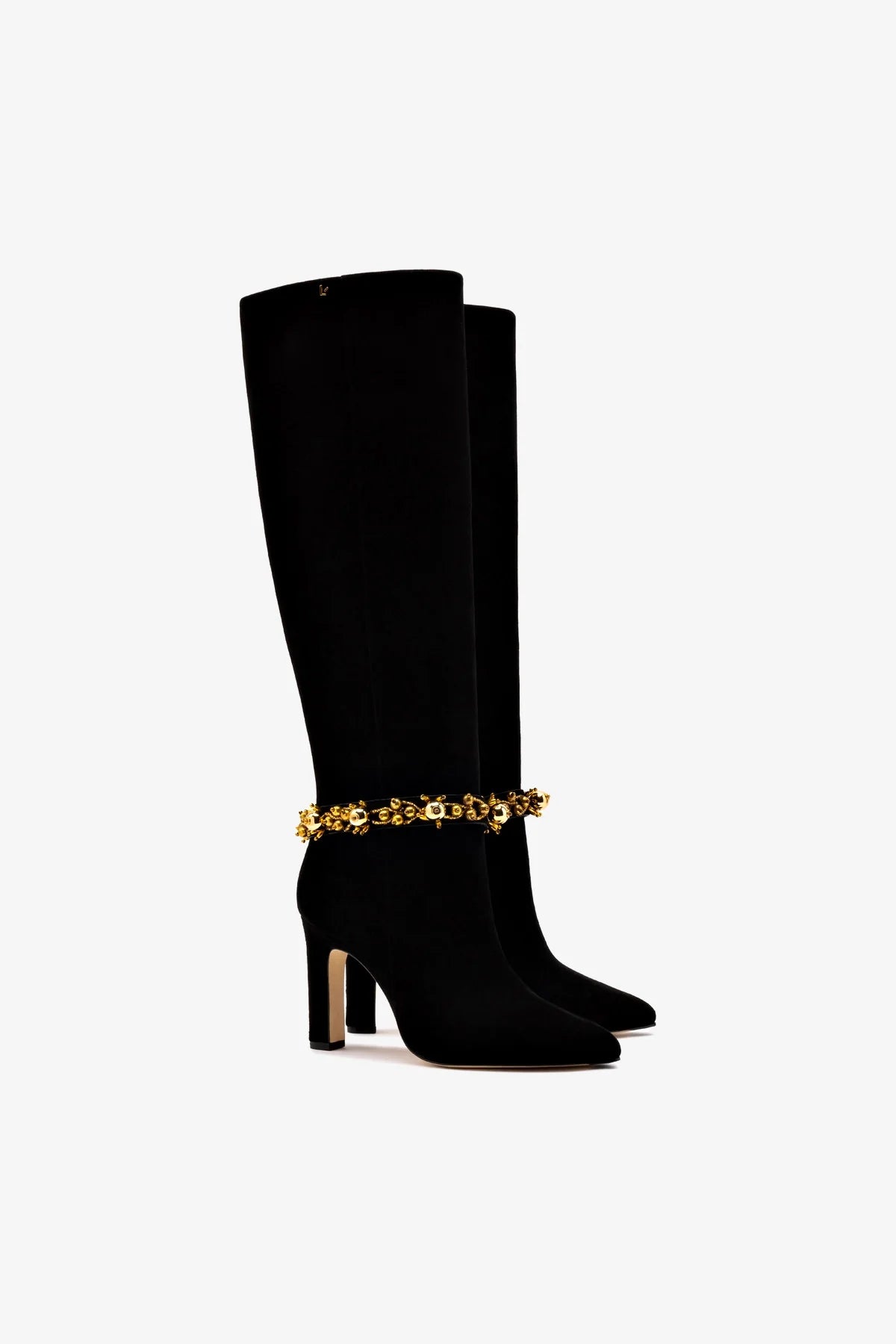 Larroudé x Libertine Black Suede Leather Boots with Gold Ball Decor - Perfect for Evening Parties & Fashion Events