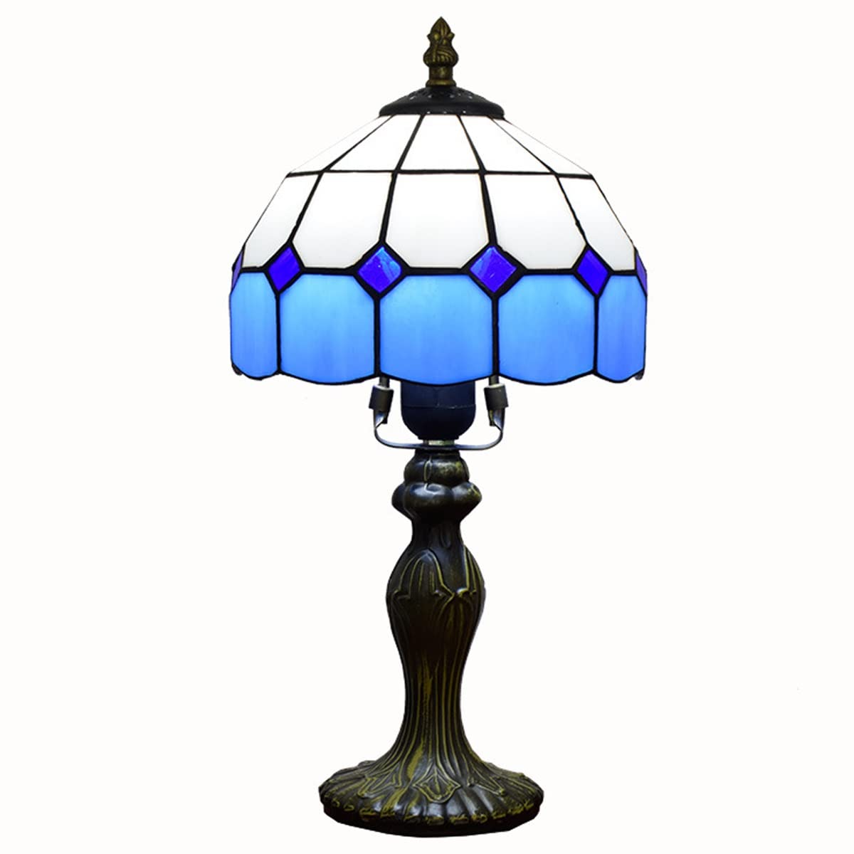 Blue Mediterranean Tiffany Style Desk Lamp - 14.2 Inch Handmade Stained Glass Shade with Resin Base - Perfect for Living Room, Bedside, Coffee Bar & Home Decor