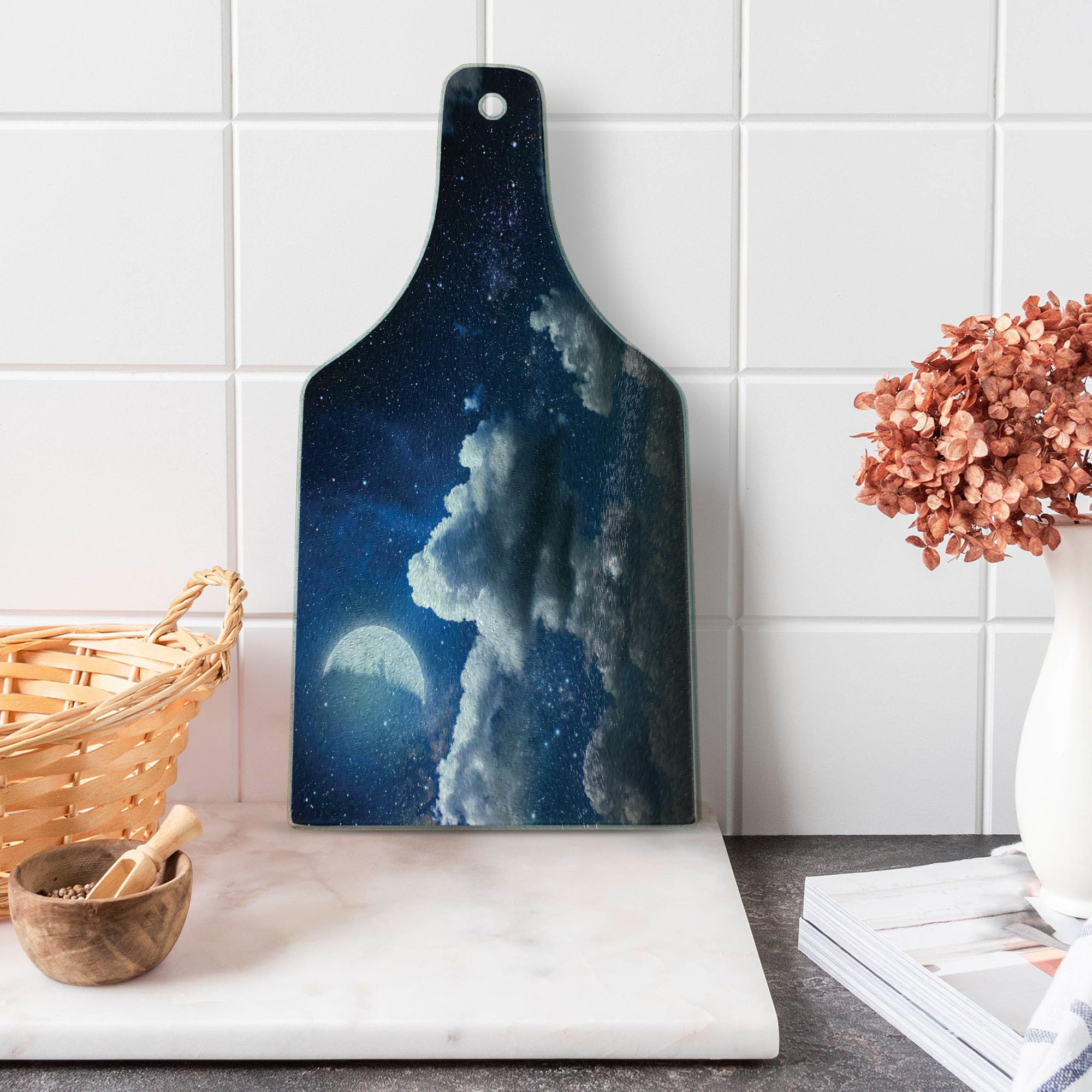 Ambesonne Celestial Solar Night Sky Cutting Board - Tempered Glass Serving Board with Stars, Moon, and Clouds Design - Dark Blue & White Wine Bottle Shape - Perfect for Entertaining, Kitchen Decor, and Gift Giving
