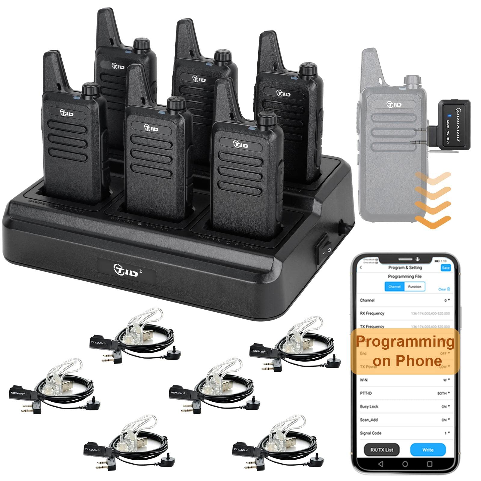 TIDRADIO TD-M8s Long Range Walkie Talkies for Adults - Rechargeable Two Way Radios with Earpiece, 6-Port Charger & Wireless Programmer - Ideal for School, Church, Restaurant & Business Communication (6 Pack)