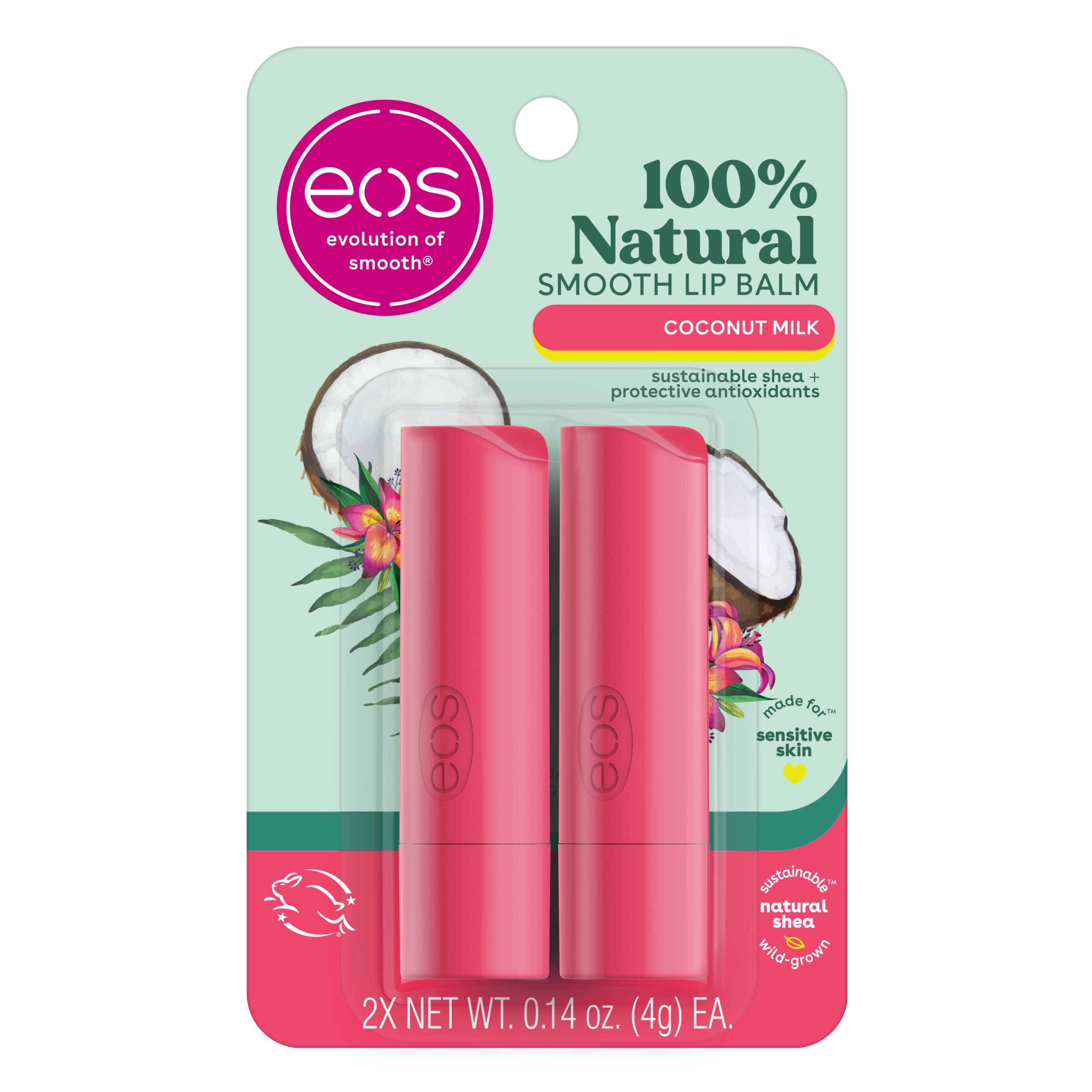 EOS 100% Natural Coconut Milk Lip Balm - All-Day Moisture for Dry & Sensitive Lips, 0.14 oz 2-Pack | Hydrating Lip Care for Winter, Travel & Daily Use
