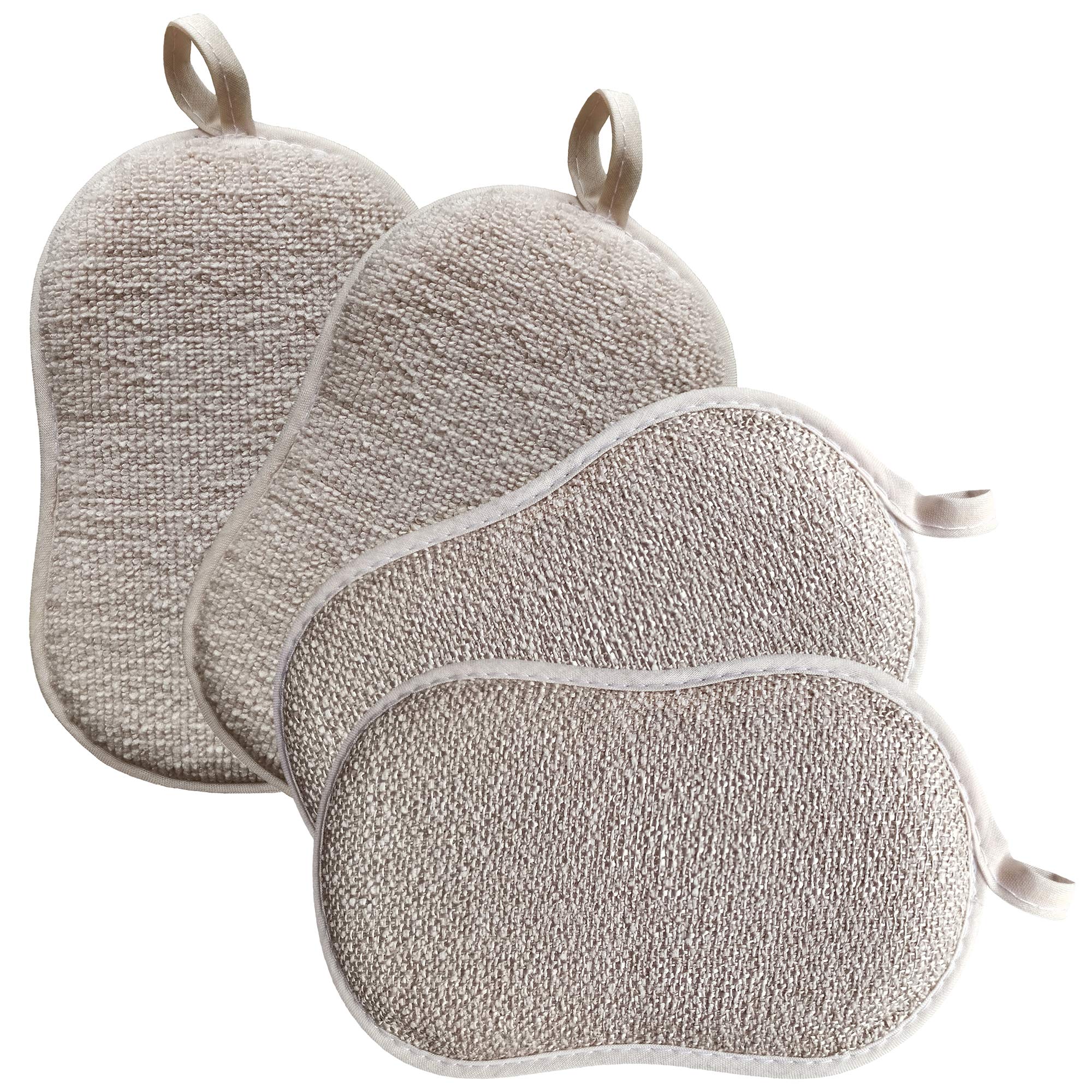 4 Pack Non-Scratch Kitchen Sponges - Dual Sided Dish Scrubbers for Pots, Pans & Bowls - Soft Cleaning Sponges for Dishes (Beige) - Perfect for Daily Kitchen Cleaning & Dishwashing