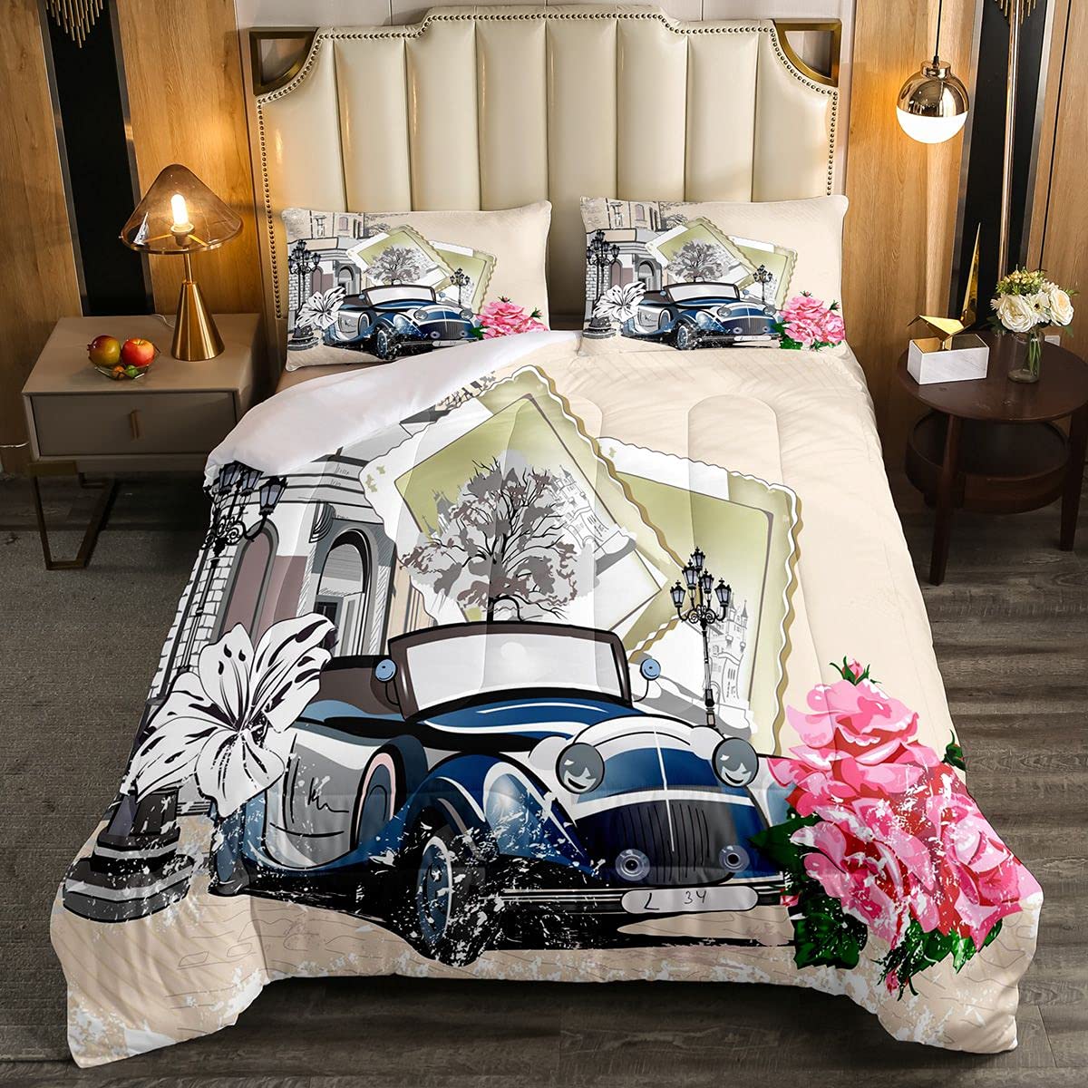 Luxury Floral Car Comforter Set for Kids - Full Size Microfiber Bedding with Blossom Flowers & Retro Cityscape Design - Soft Duvet Cover for Boys & Girls Bedroom Decor - Perfect for Nursery, Toddler Rooms & Gift Giving