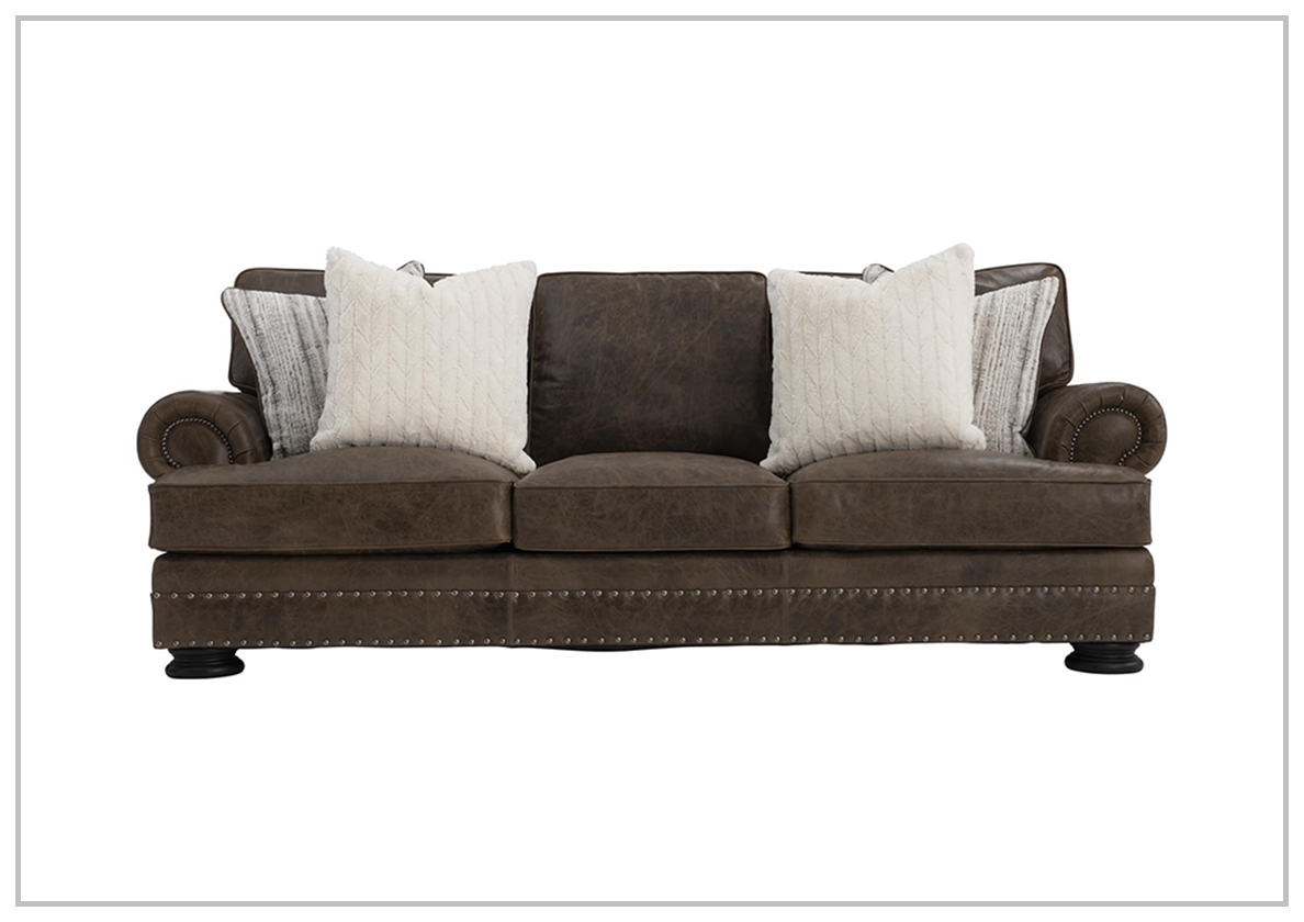 Bernhardt Foster Dark Brown Genuine Leather Sofa with Rolled Arms - Luxurious Living Room Furniture for Home & Office