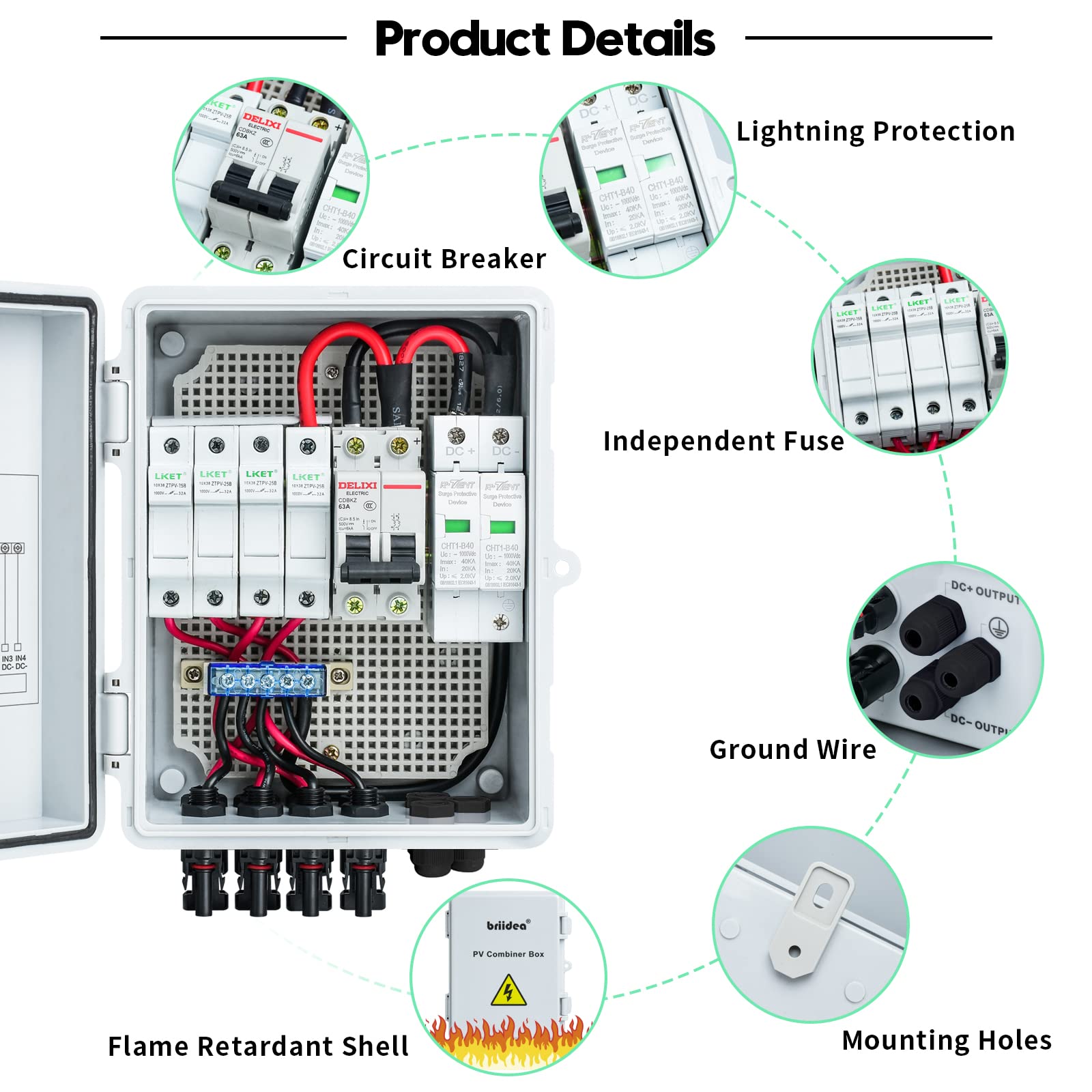 Briidea 4 String Solar Combiner Box with 10A Circuit Breakers & Lightning Arrester - IP65 Waterproof PV Combiner Box for Solar Panel Systems - Perfect for Home, RV & Off-Grid Solar Power Applications