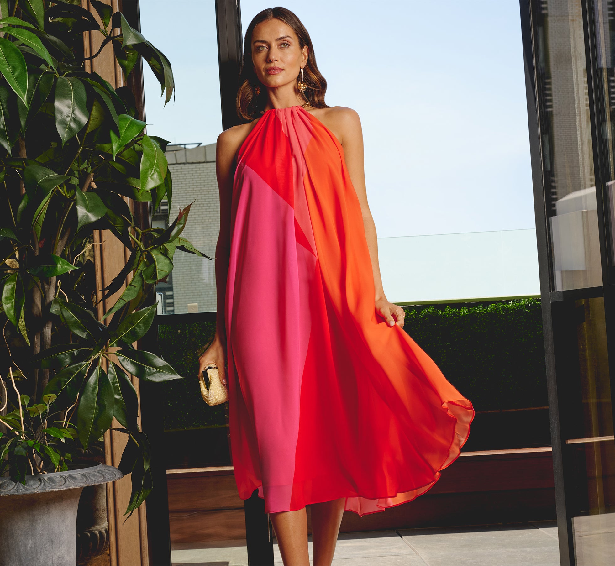Red Multi Color Block Chiffon Trapeze Dress with Chain Halter Neckline - Perfect for Summer Parties, Beach Vacations & Date Nights