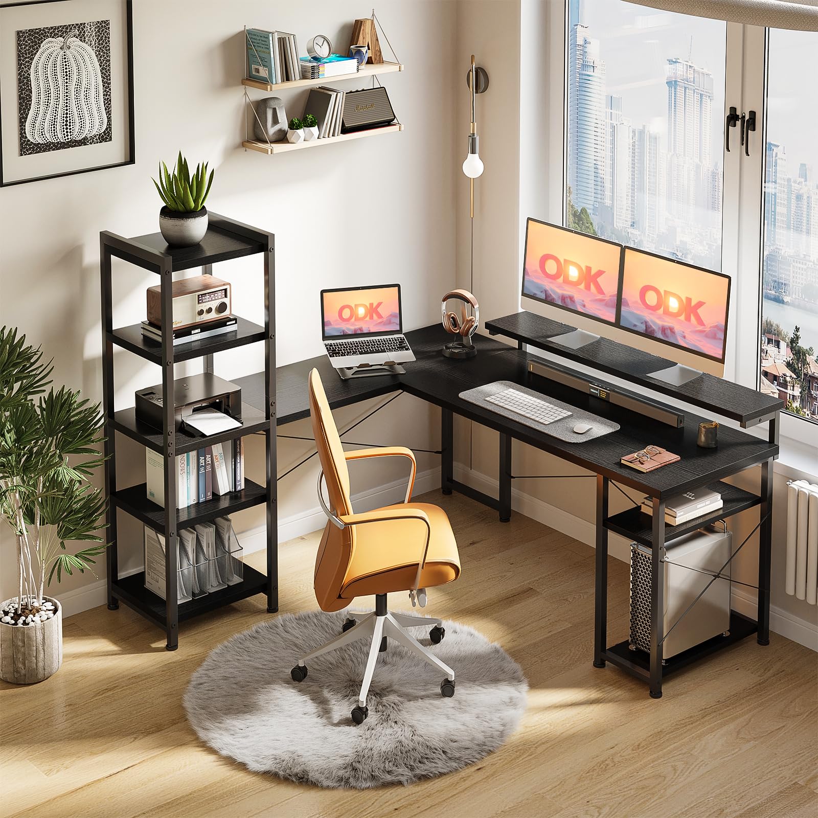 ODK L-Shaped Computer Desk with Monitor Stand, Black 155×140cm - Perfect for Home Office, Gaming Setup & Small Spaces