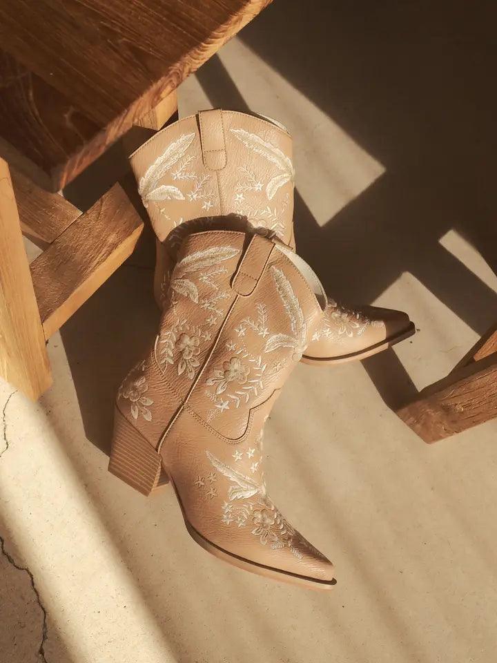 Bailey Apricot Embroidered Cowboy Boots for Women - Western Ankle Booties with Floral Design - Perfect for Country Music Festivals & Rodeo Events