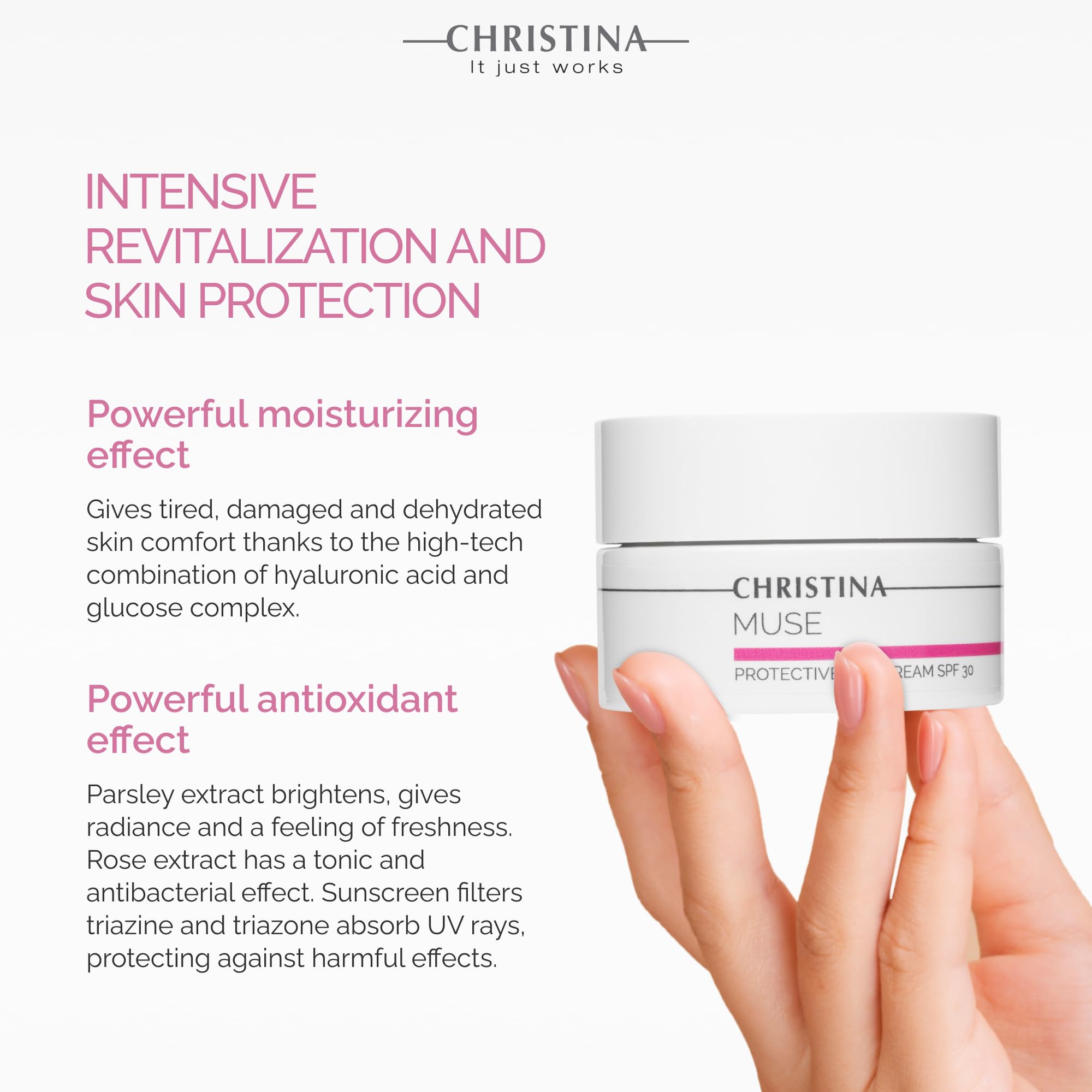 CHRISTINA Muse SPF 30 Hyaluronic Acid Day Cream - Hydrating Face Moisturizer for Normal & Dry Skin | Anti-Aging Protection | Daily Use for Sun Defense & Deep Moisture | 50ml | Perfect for Workday, Outdoor Activities & Travel Skincare Routine