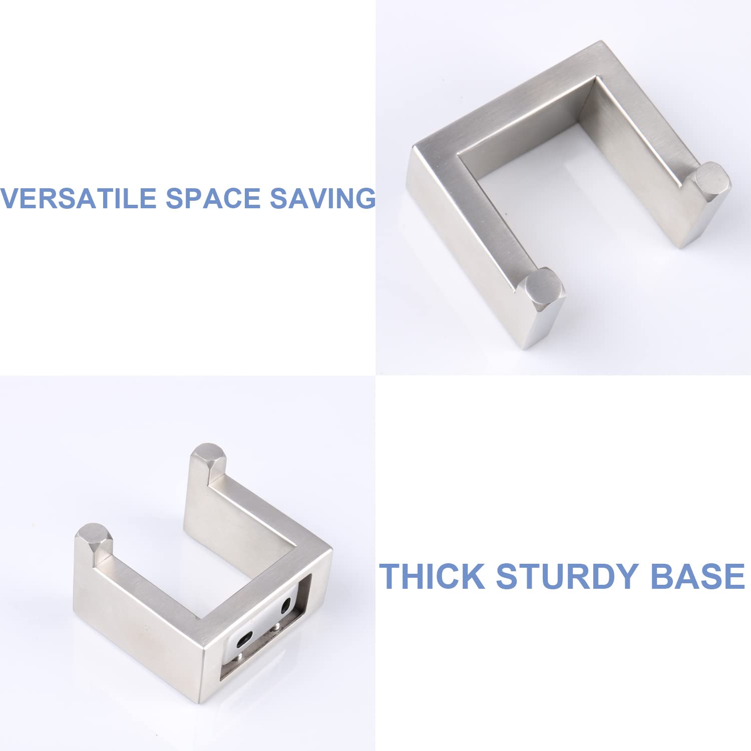 TocTen 2 Pack Stainless Steel Bath Towel Hooks - Heavy Duty 304 SUS Wall Mounted Robe Hooks for Bathroom, Kitchen & Office - Square Design Coat Hangers (2.2 Inch, Brushed Nickel) - Perfect for Hanging Towels, Robes, Coats & Bags in Home & Commercial Spaces