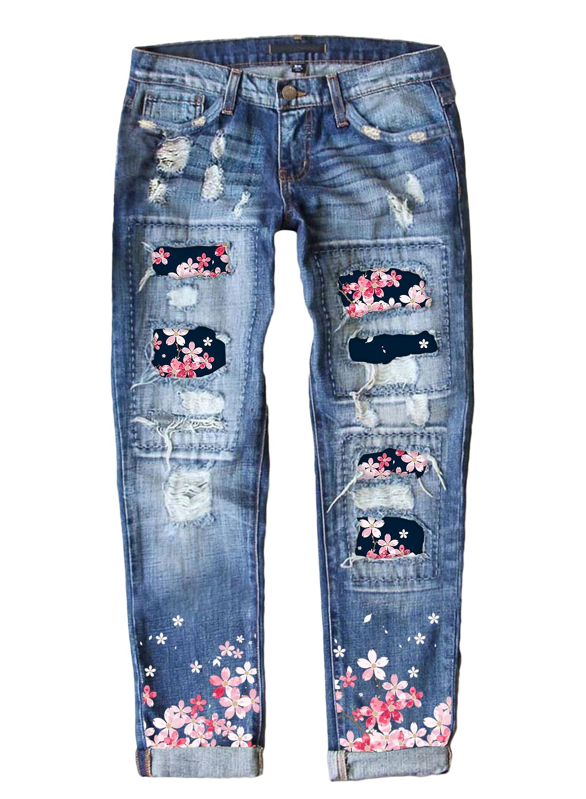 EVALESS Women's Ripped Boyfriend Jeans - Distressed Skinny Denim Pants with Plaid Patch Design | Casual Streetwear, Weekend Outfits & Fashion Styling
