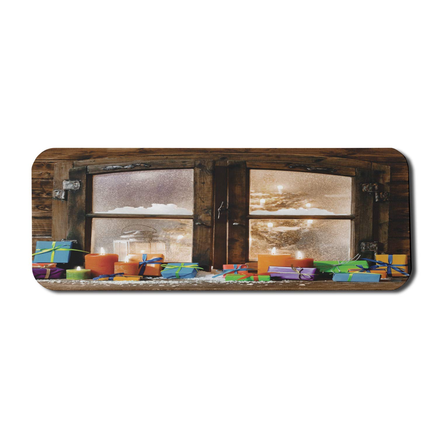 Ambesonne Christmas Themed Mouse Pad - Snowy Window & Festive Ornament Design, Non-Slip Rubber Base, Extra Large 31