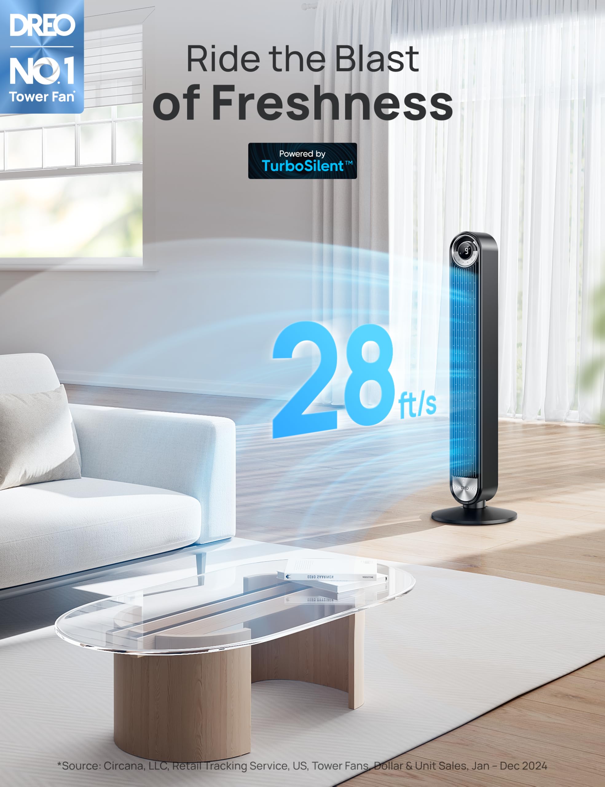 Dreo Bladeless Tower Fan for Bedroom - Ultra Quiet DC Motor with 9 Speeds, 90° Oscillation & 28ft/s Airflow - 12H Timer Standing Floor Fan for Home, Office, Nursery - Perfect for Cooling, White Noise & Air Circulation