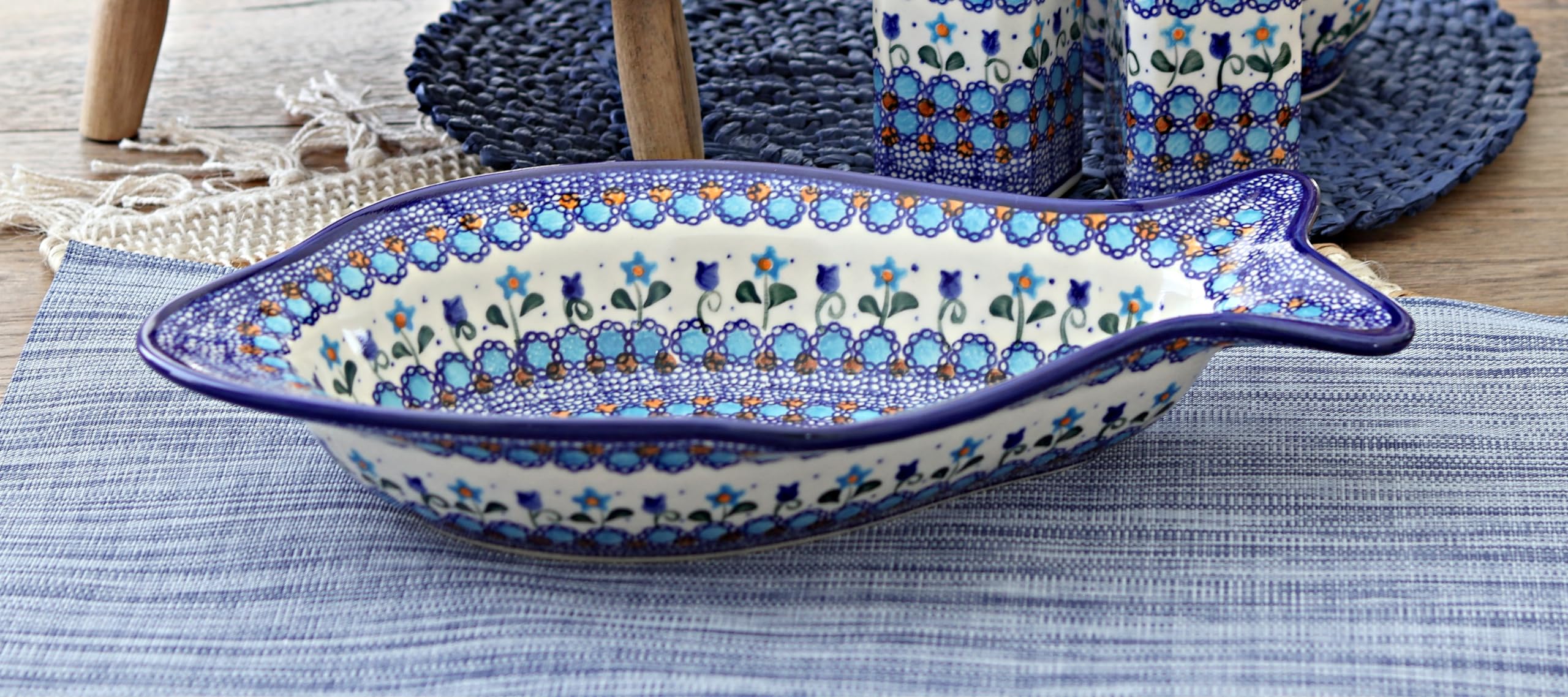 Blue Rose Polish Pottery Savannah Deep Fish Dish – Handmade Ceramic Serving Platter for Seafood, Appetizers & Entertaining – Perfect for Dinner Parties, Holidays & Home Decor