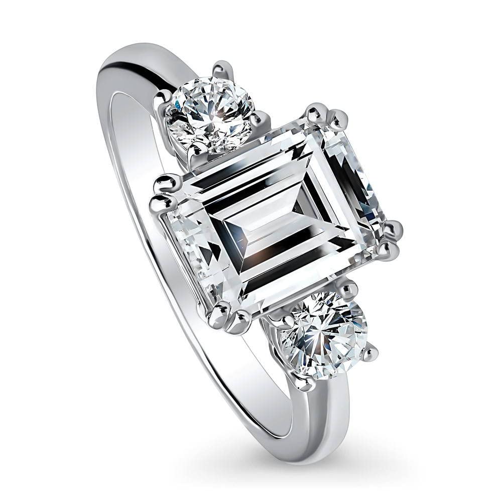 BERRICLE Sterling Silver 3-Stone Emerald Cut Cubic Zirconia Engagement Ring for Women - 2.6 Carat CZ Promise Wedding Band, Rhodium Plated, Size 4-10 - Perfect for Proposals, Anniversaries & Special Occasions