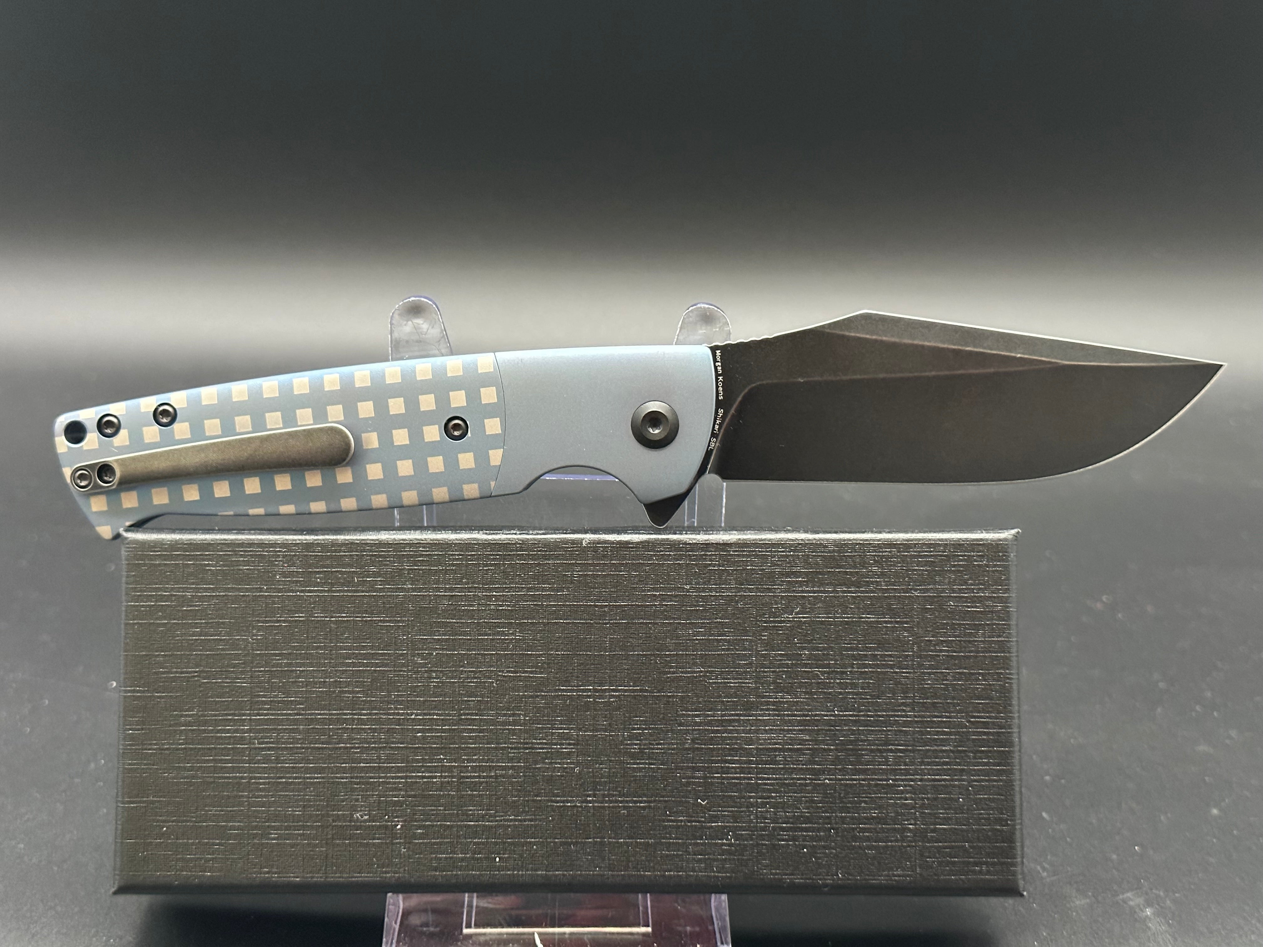 KANSEPT SHIKARI SBL Blue Titanium/White Square Handle Folding Knife - S35VN Steel Blade, EDC Pocket Knife for Outdoor, Camping, and Everyday Carry